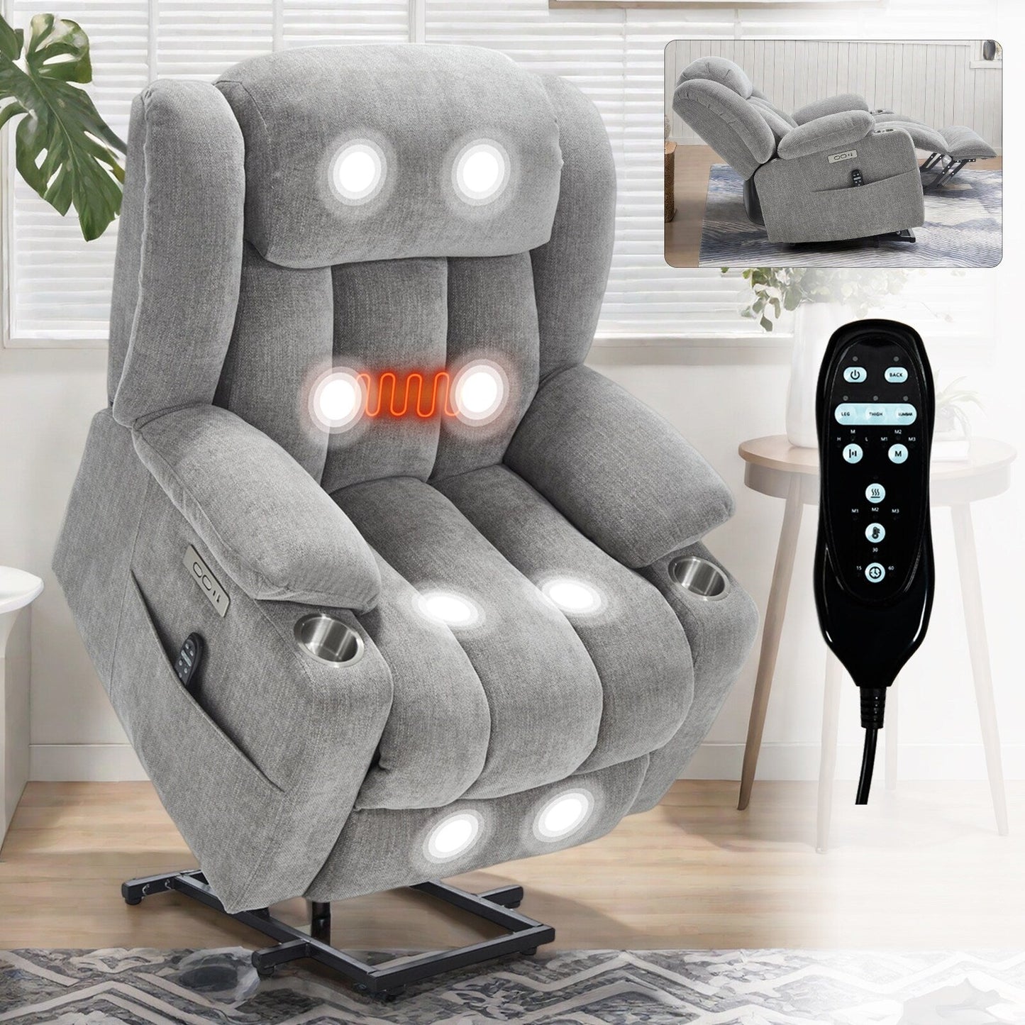 Chenille Power Lift Recliner wMassage, Heat, USB, Type-C, Cup Holders