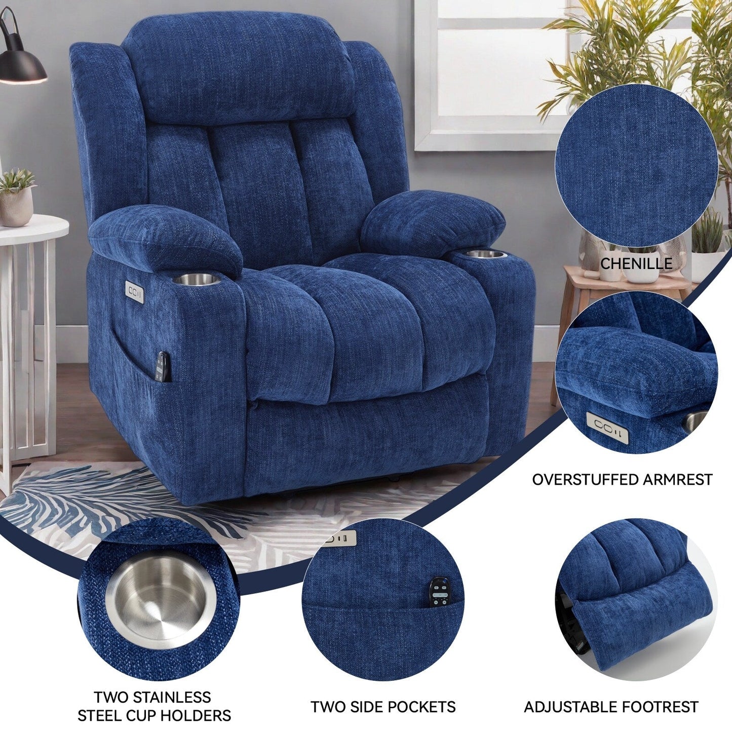 Chenille Power Lift Recliner wMassage, Heat, USB, Type-C, Cup Holders