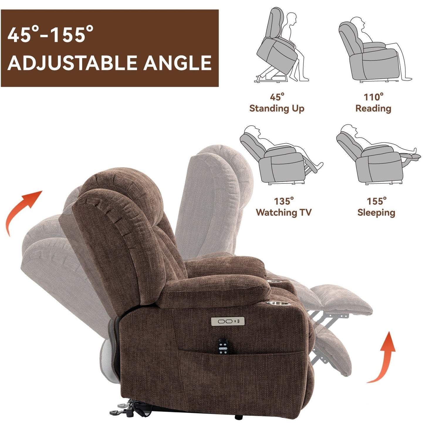 Chenille Power Lift Recliner wMassage, Heat, USB, Type-C, Cup Holders