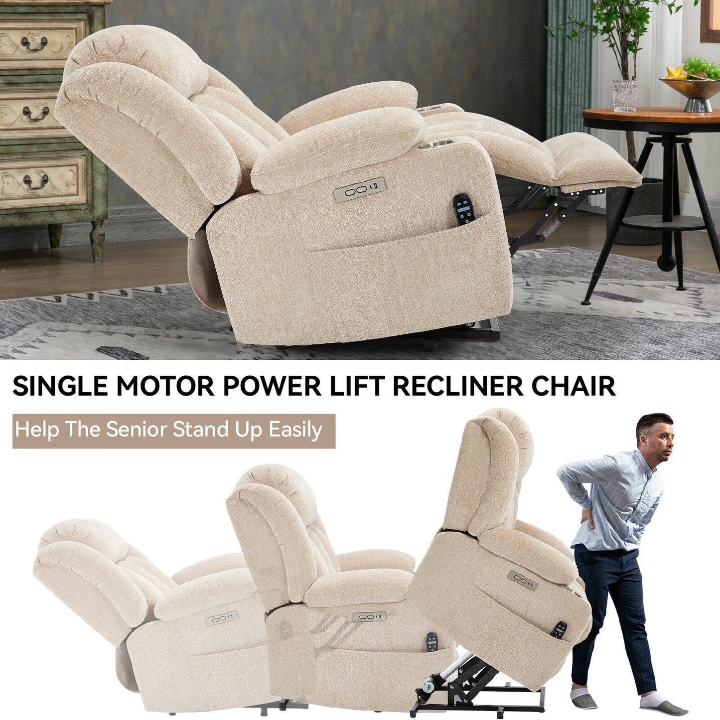 Chenille Power Lift Recliner wMassage, Heat, USB, Type-C, Cup Holders