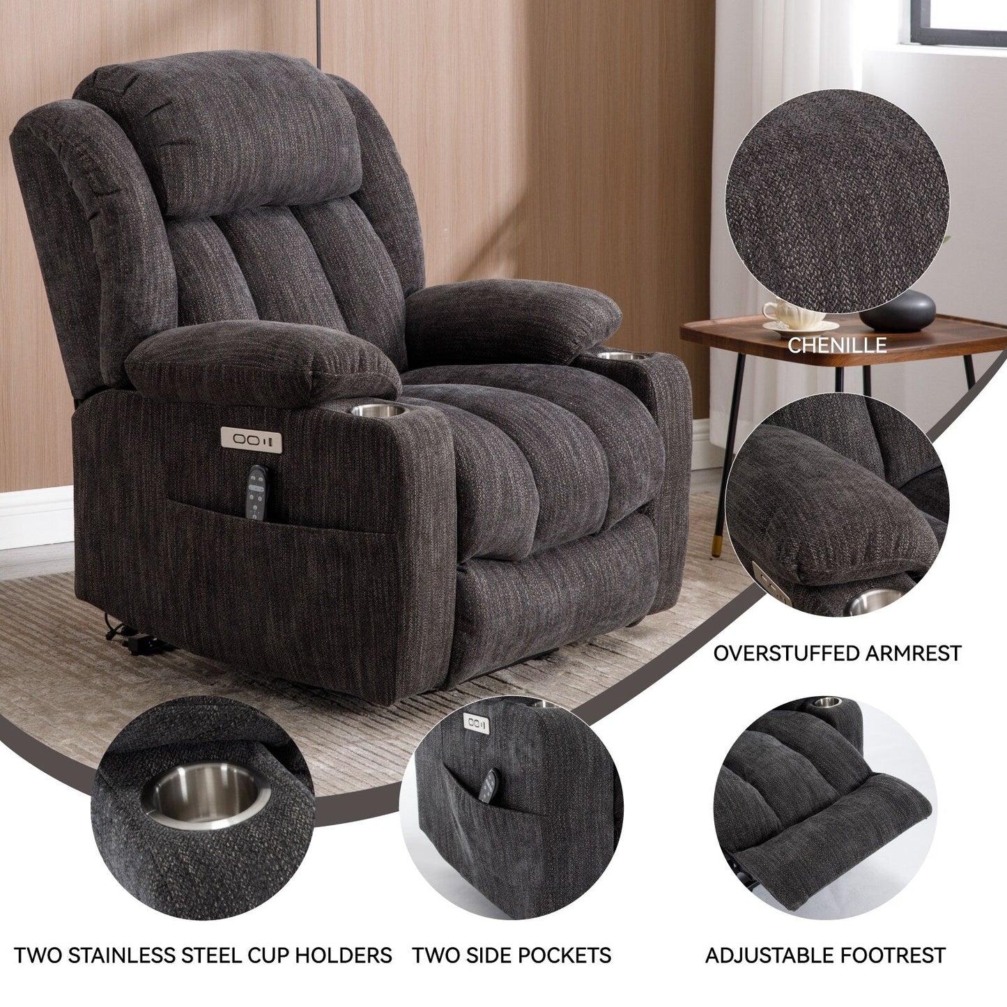 Chenille Power Lift Recliner wMassage, Heat, USB, Type-C, Cup Holders
