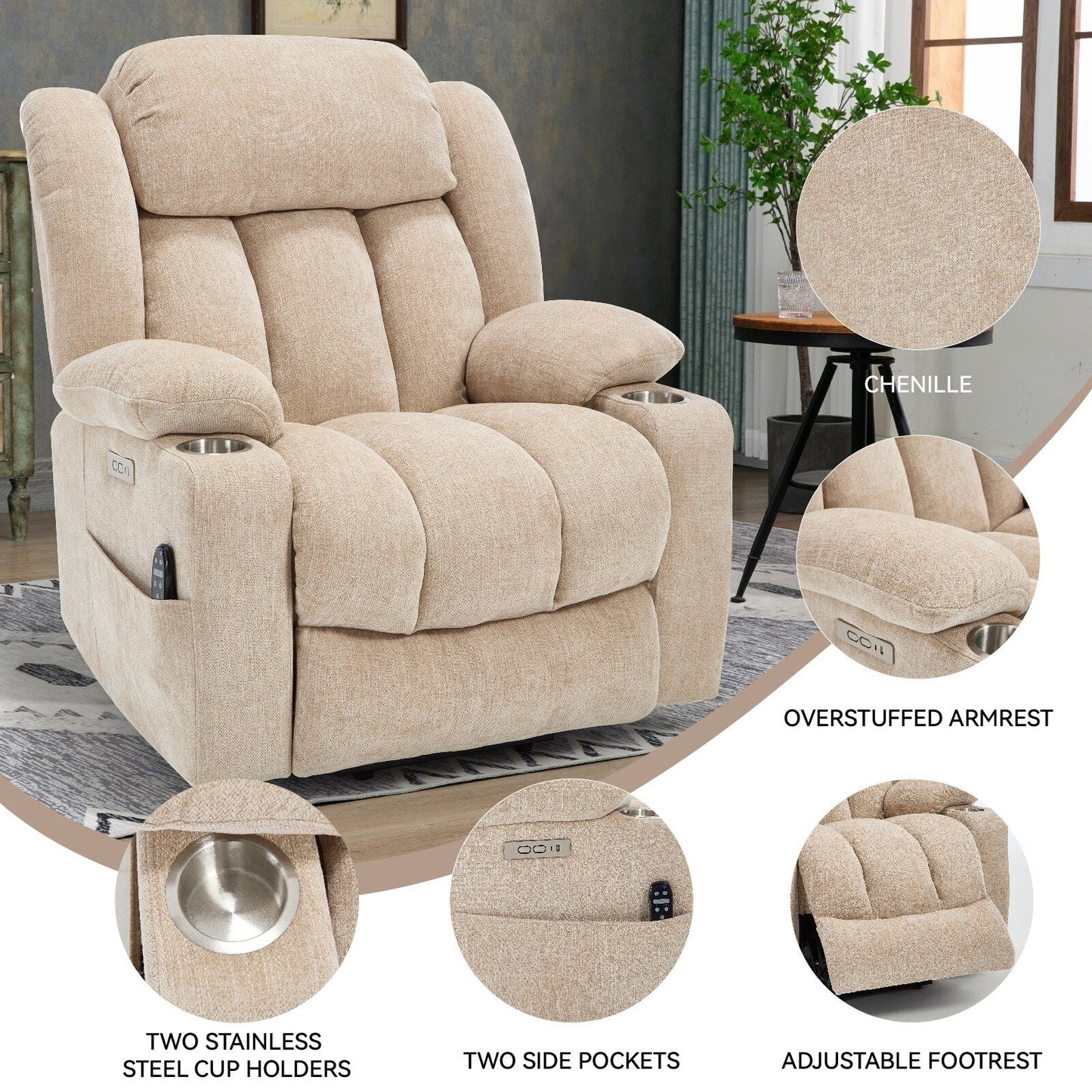 Chenille Power Lift Recliner wMassage, Heat, USB, Type-C, Cup Holders