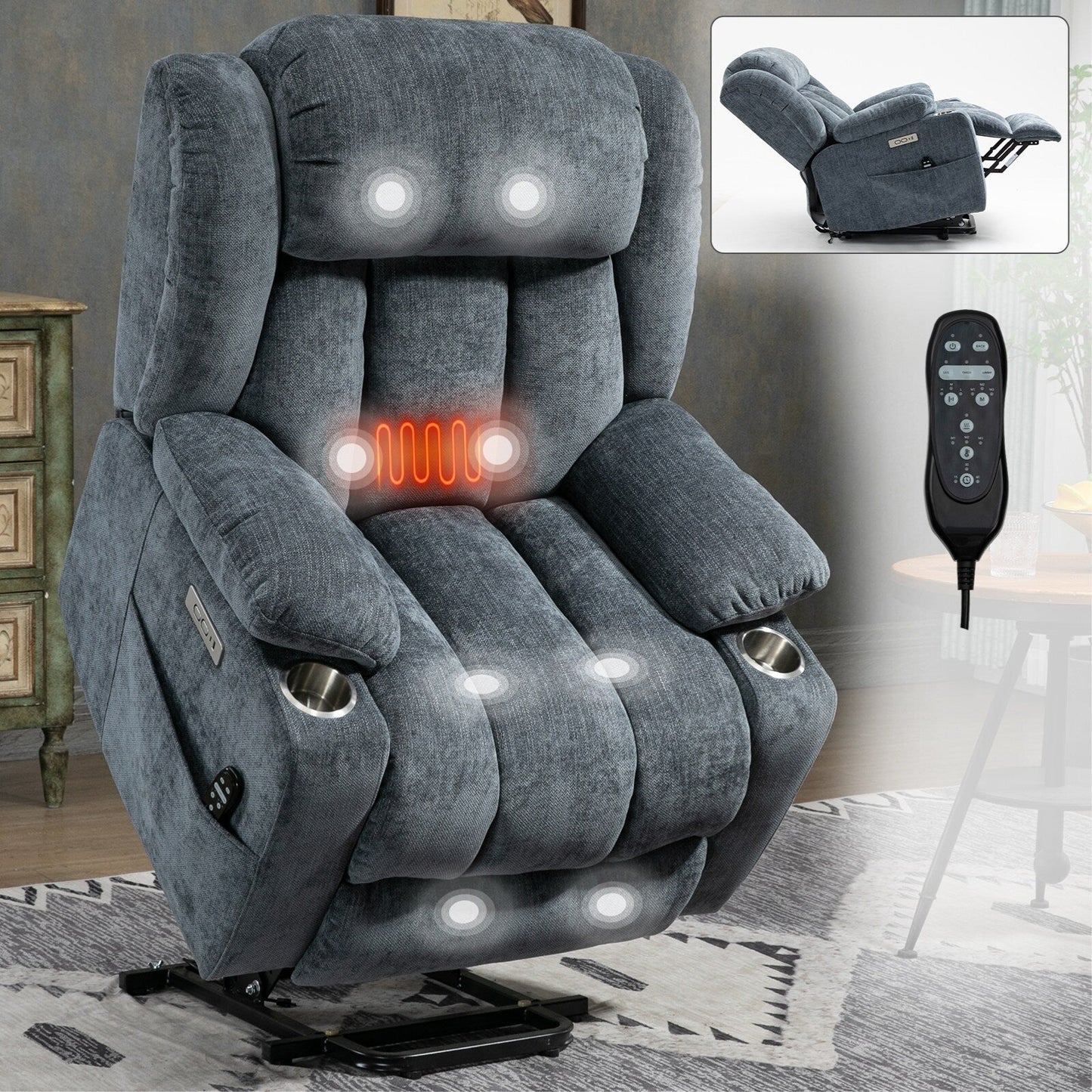 Chenille Power Lift Recliner wMassage, Heat, USB, Type-C, Cup Holders