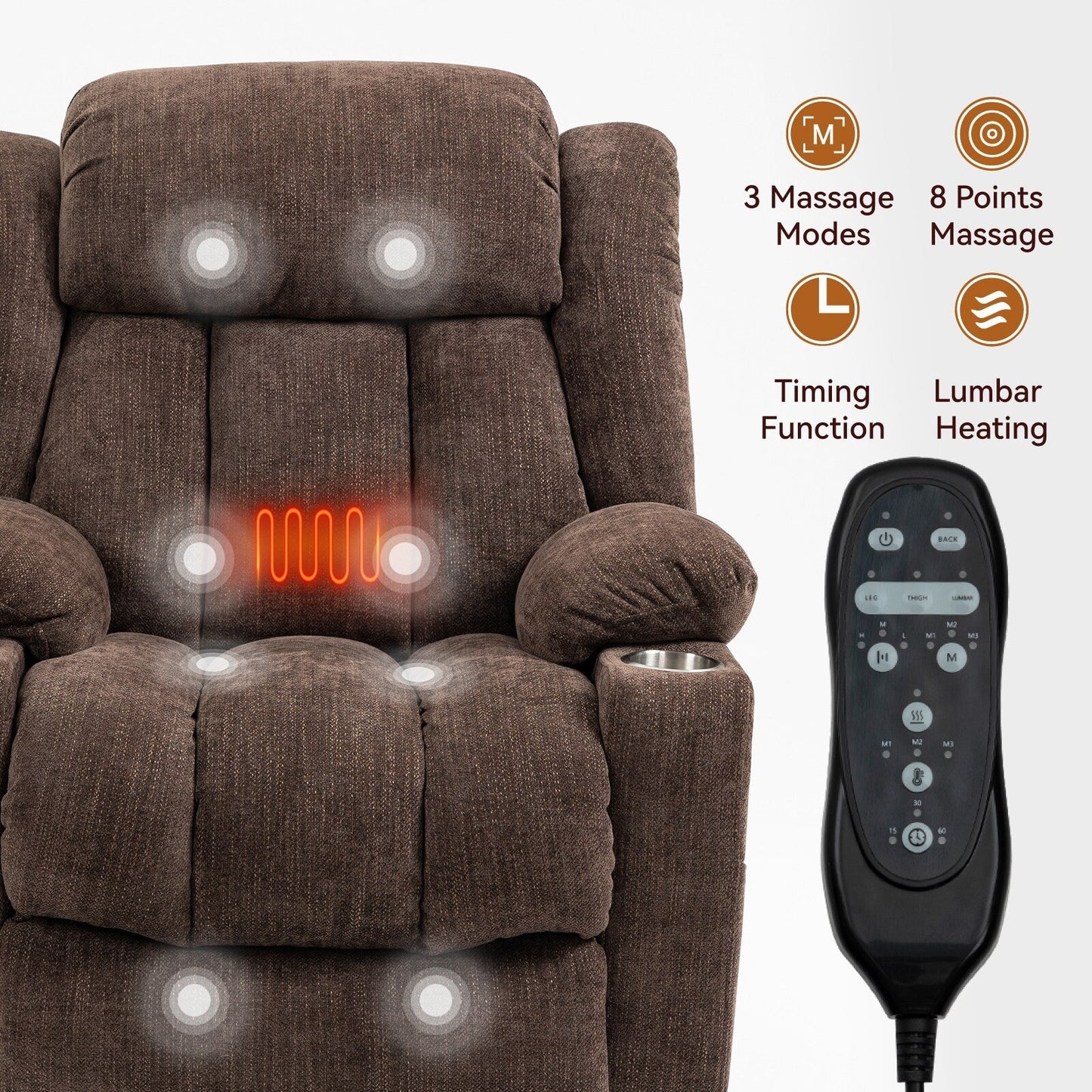 Chenille Power Lift Recliner wMassage, Heat, USB, Type-C, Cup Holders