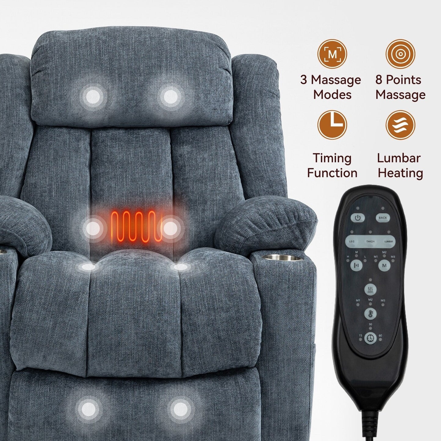 Chenille Power Lift Recliner wMassage, Heat, USB, Type-C, Cup Holders