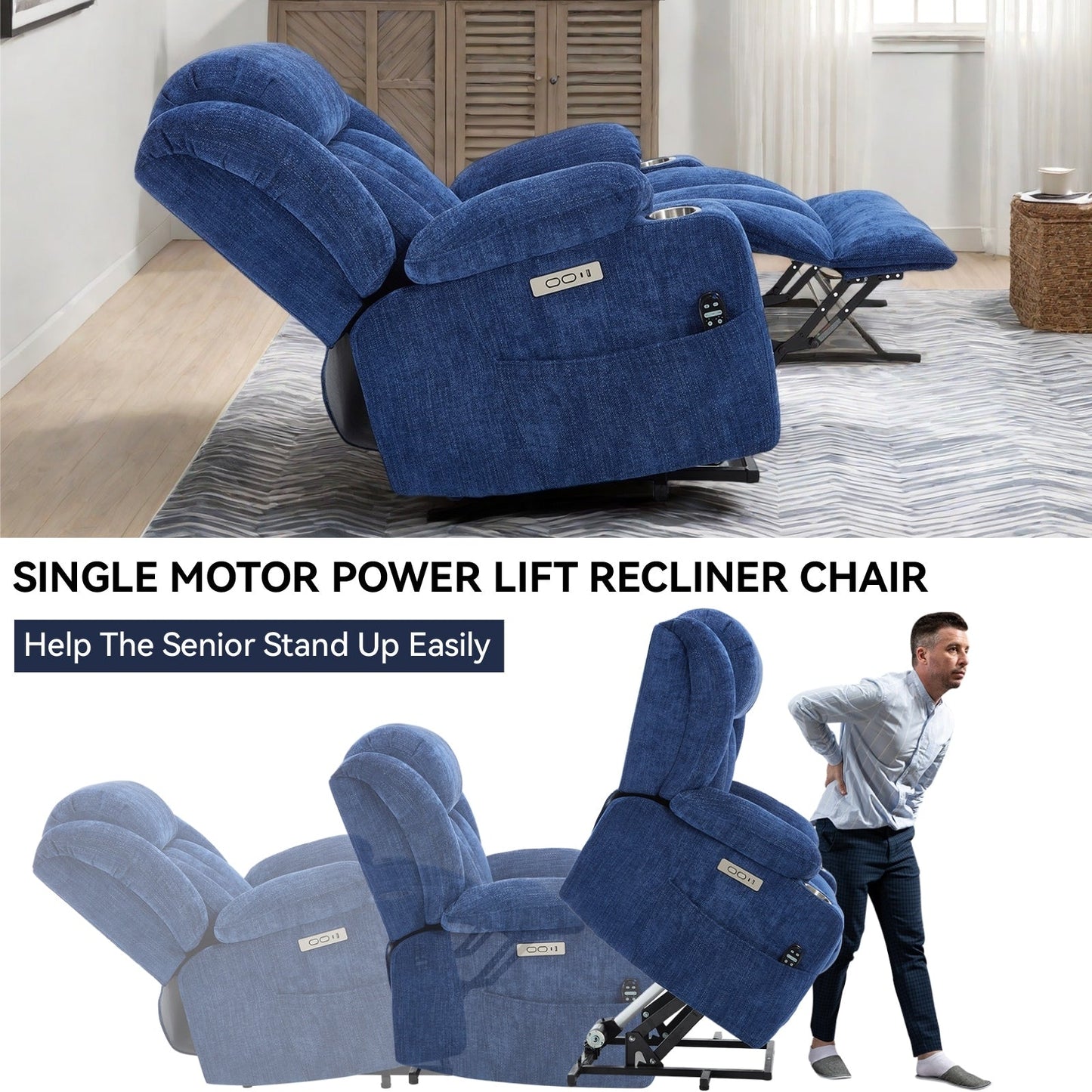 Chenille Power Lift Recliner wMassage, Heat, USB, Type-C, Cup Holders