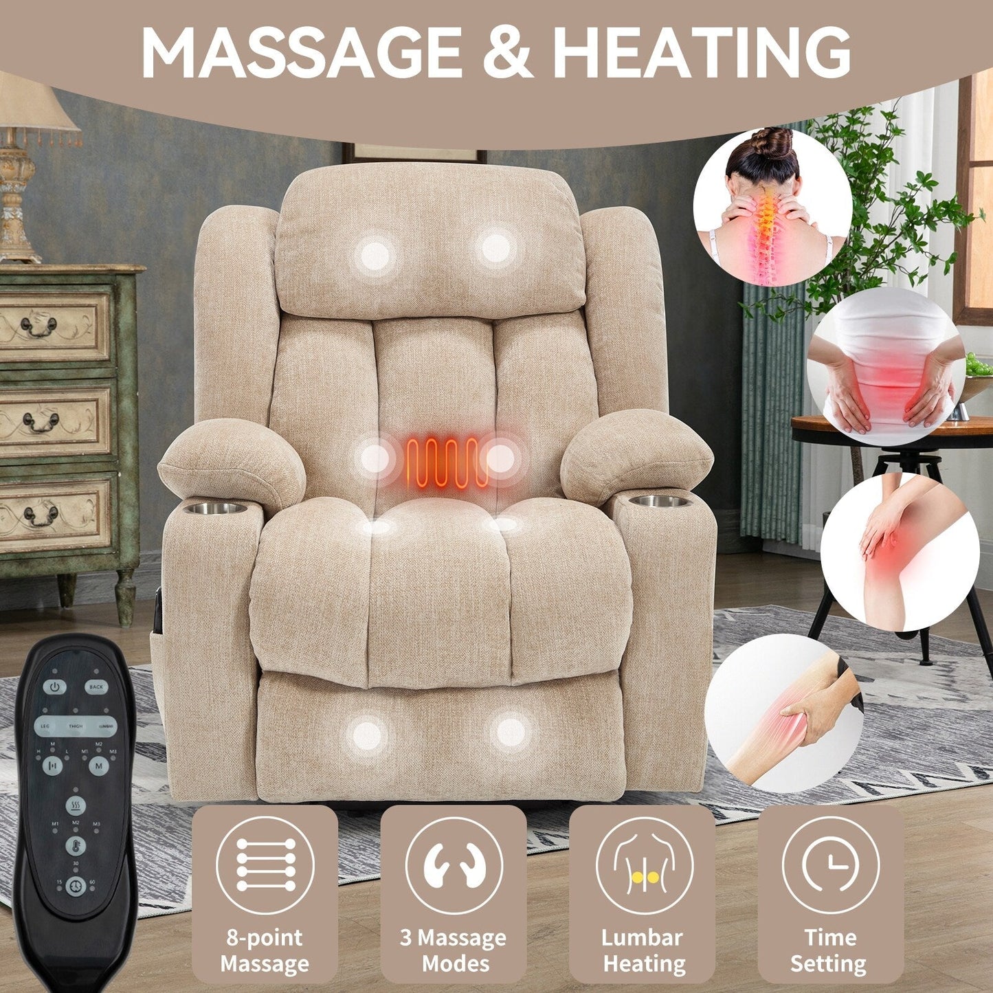 Chenille Power Lift Recliner wMassage, Heat, USB, Type-C, Cup Holders