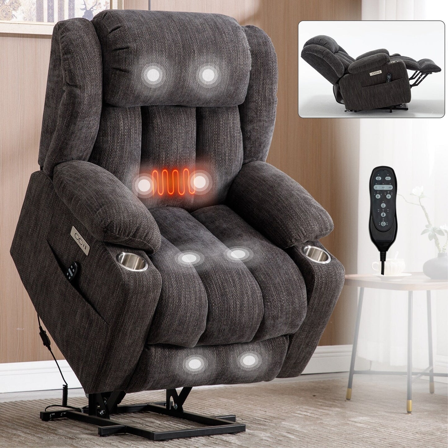 Chenille Power Lift Recliner wMassage, Heat, USB, Type-C, Cup Holders