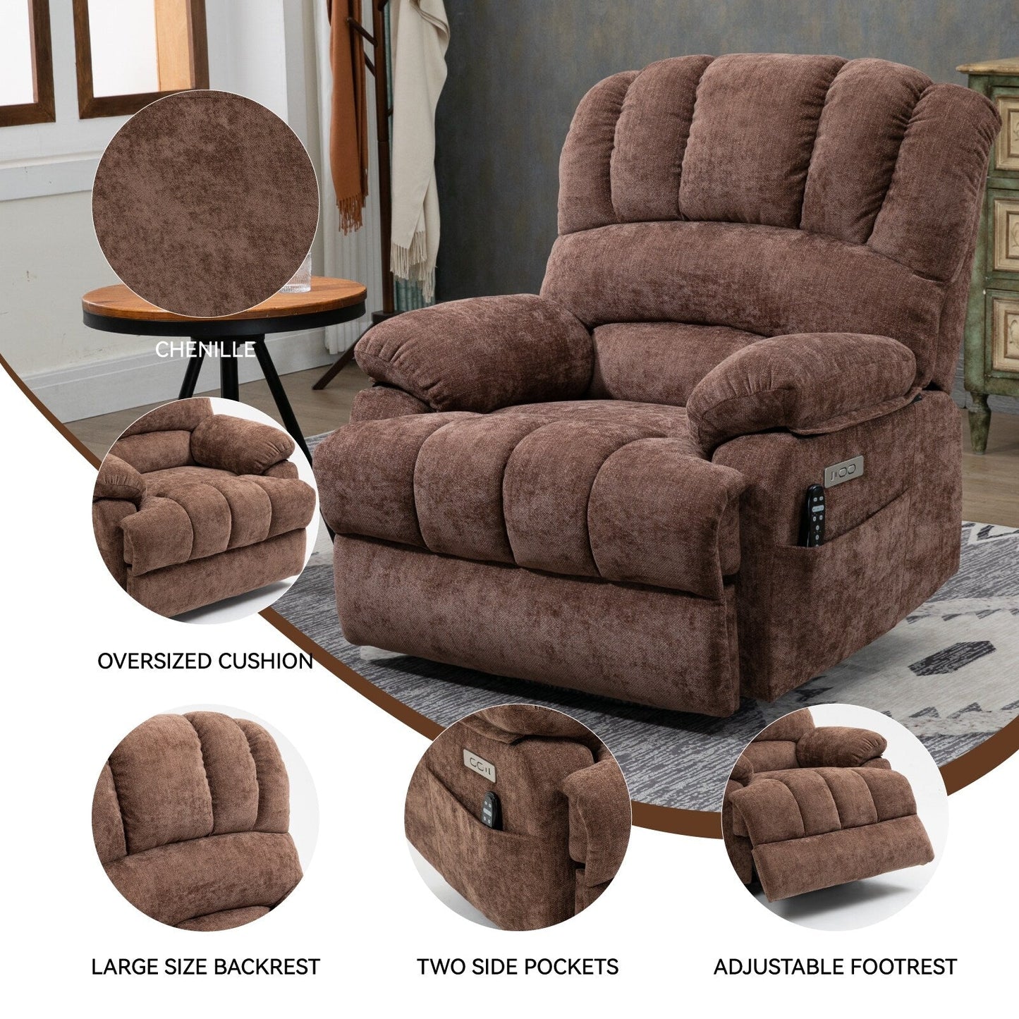 Chenille Power Lift Recliner with Massage Heat, USB,Max 155° Reclining