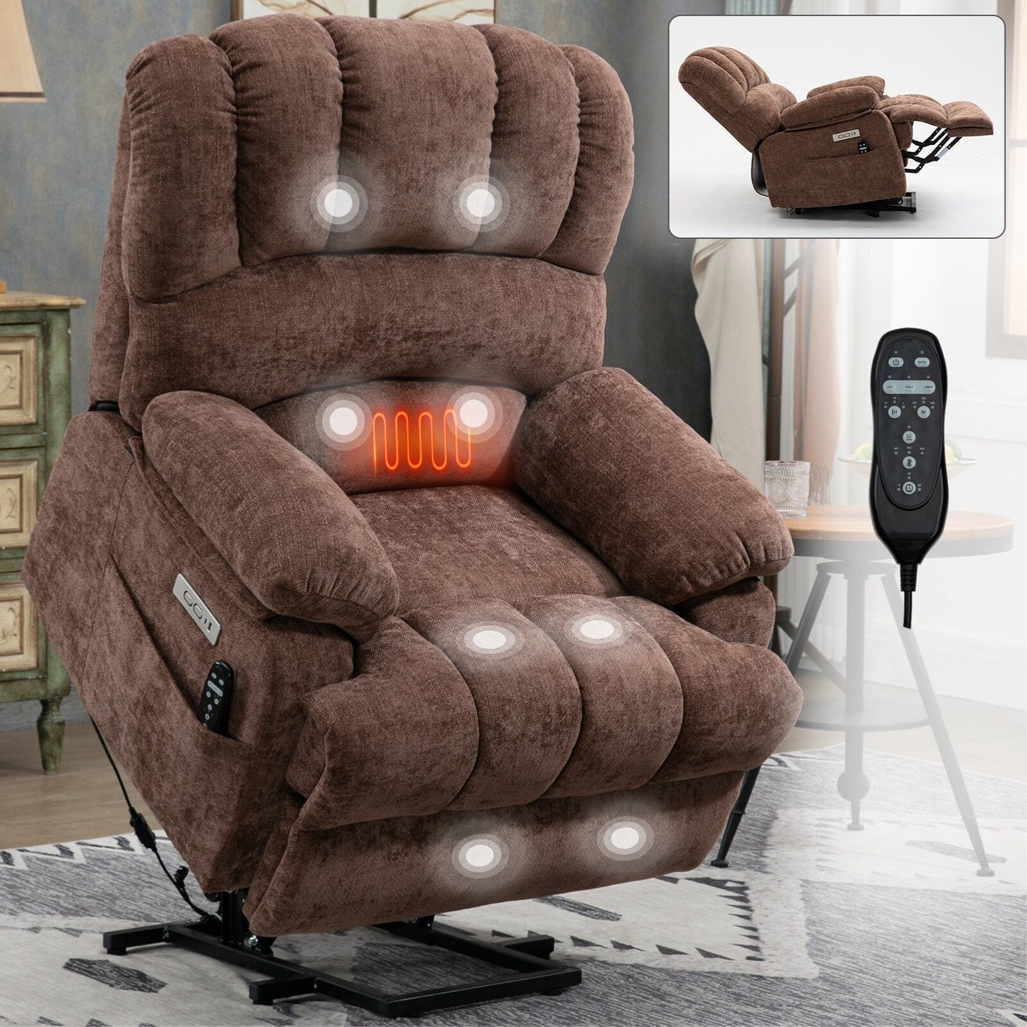 Chenille Power Lift Recliner with Massage Heat, USB,Max 155° Reclining