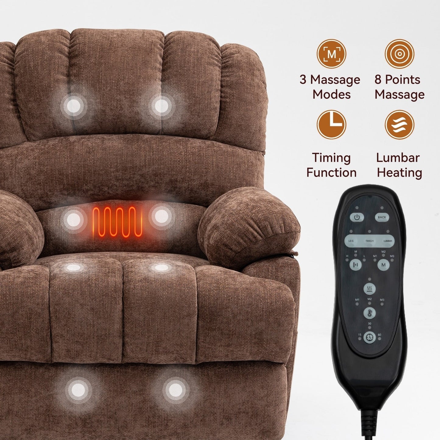 Chenille Power Lift Recliner with Massage Heat, USB,Max 155° Reclining