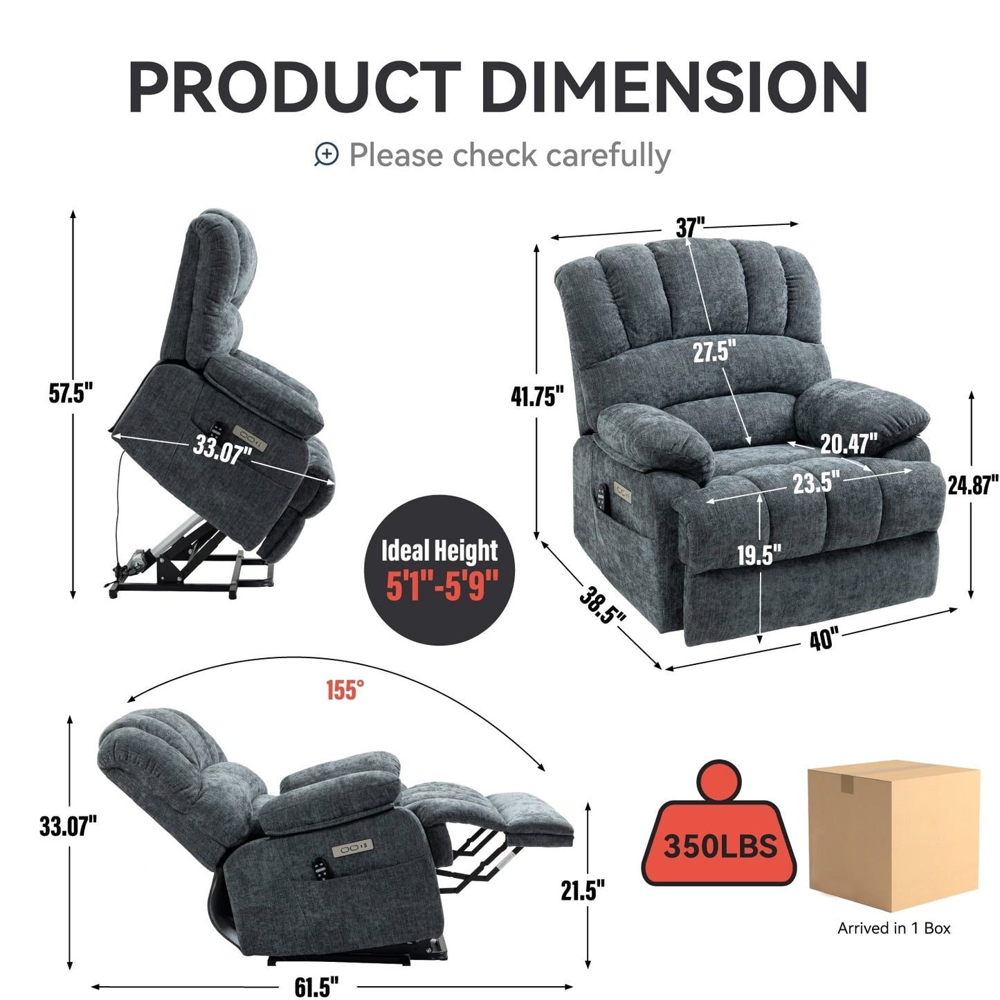 Chenille Power Lift Recliner with Massage Heat, USB,Max 155° Reclining