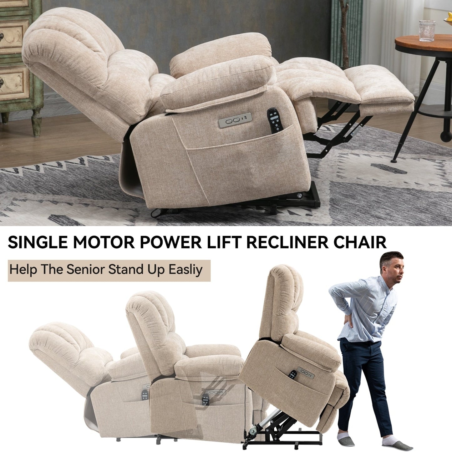 Chenille Power Lift Recliner with Massage Heat, USB,Max 155° Reclining