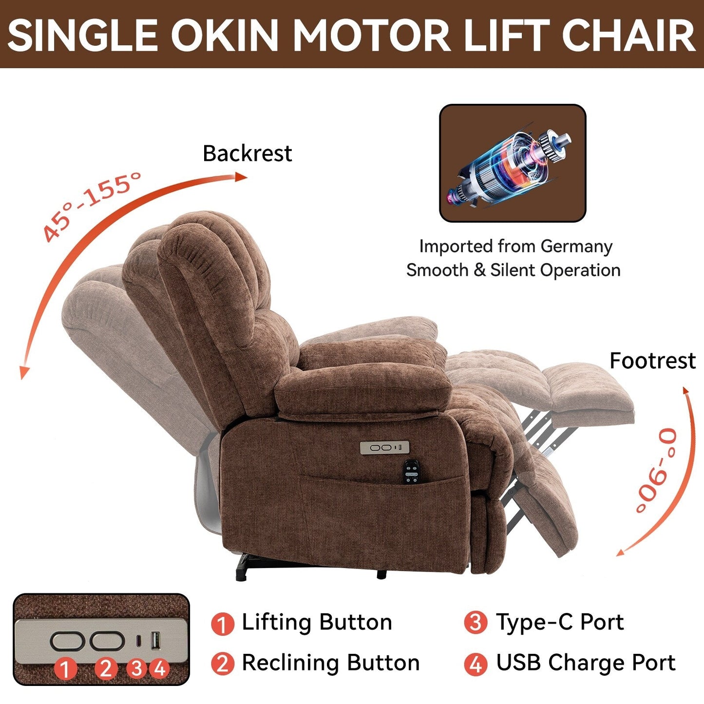 Chenille Power Lift Recliner with Massage Heat, USB,Max 155° Reclining