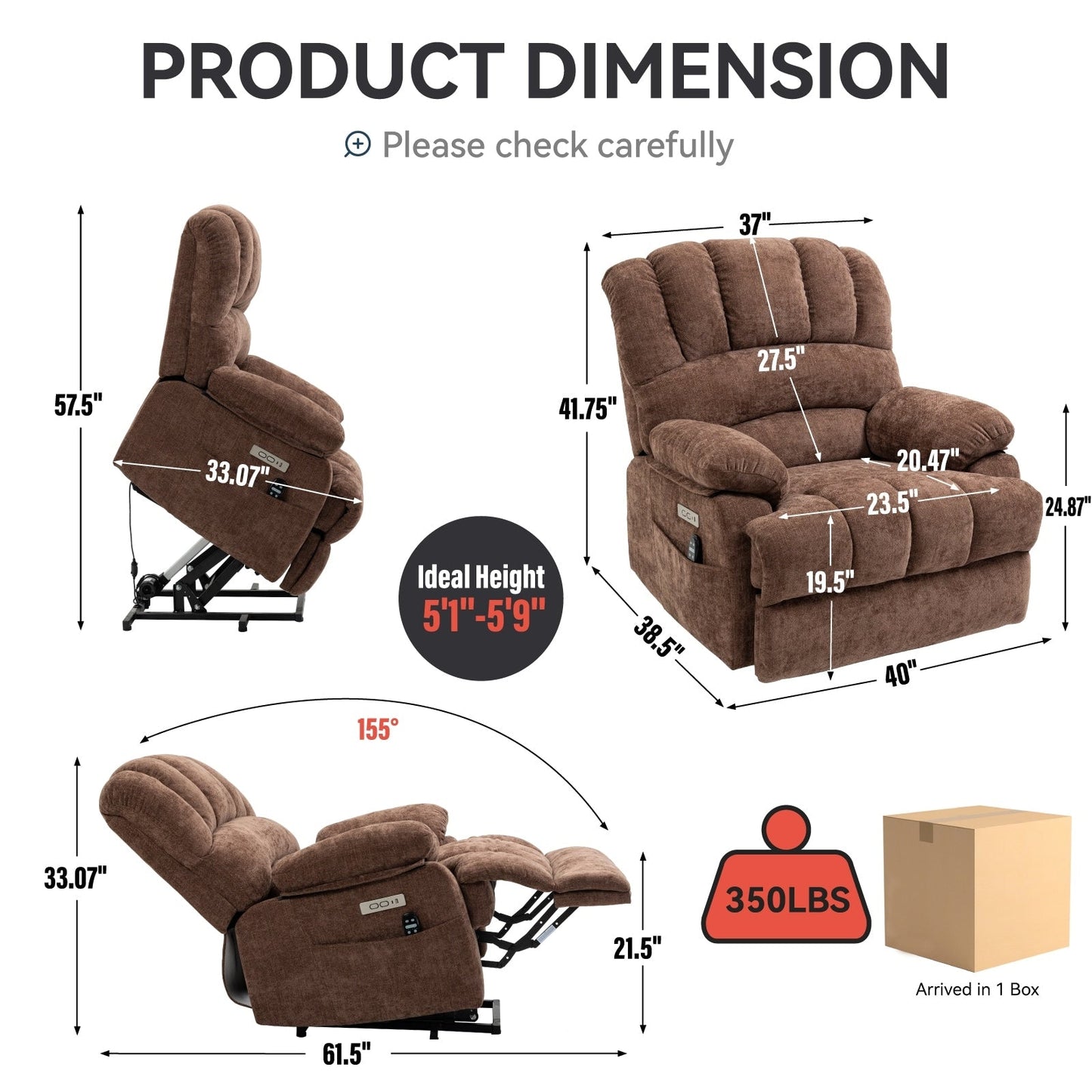 Chenille Power Lift Recliner with Massage Heat, USB,Max 155° Reclining