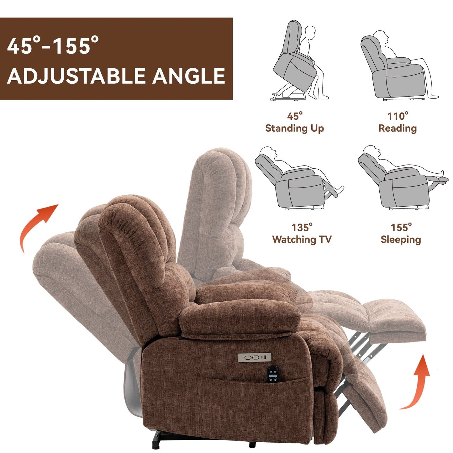 Chenille Power Lift Recliner with Massage Heat, USB,Max 155° Reclining