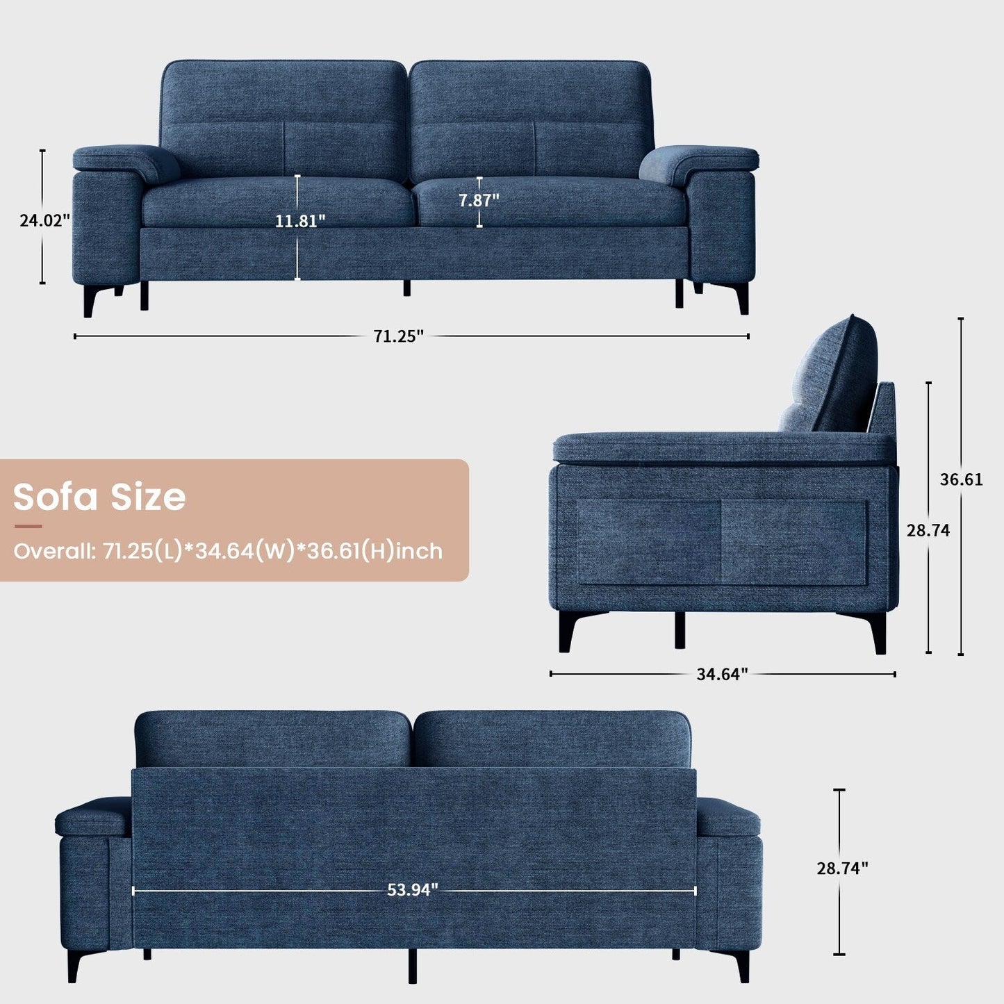 Chenille Sofa with Adjustable Armrests and Extra Thick Cushions
