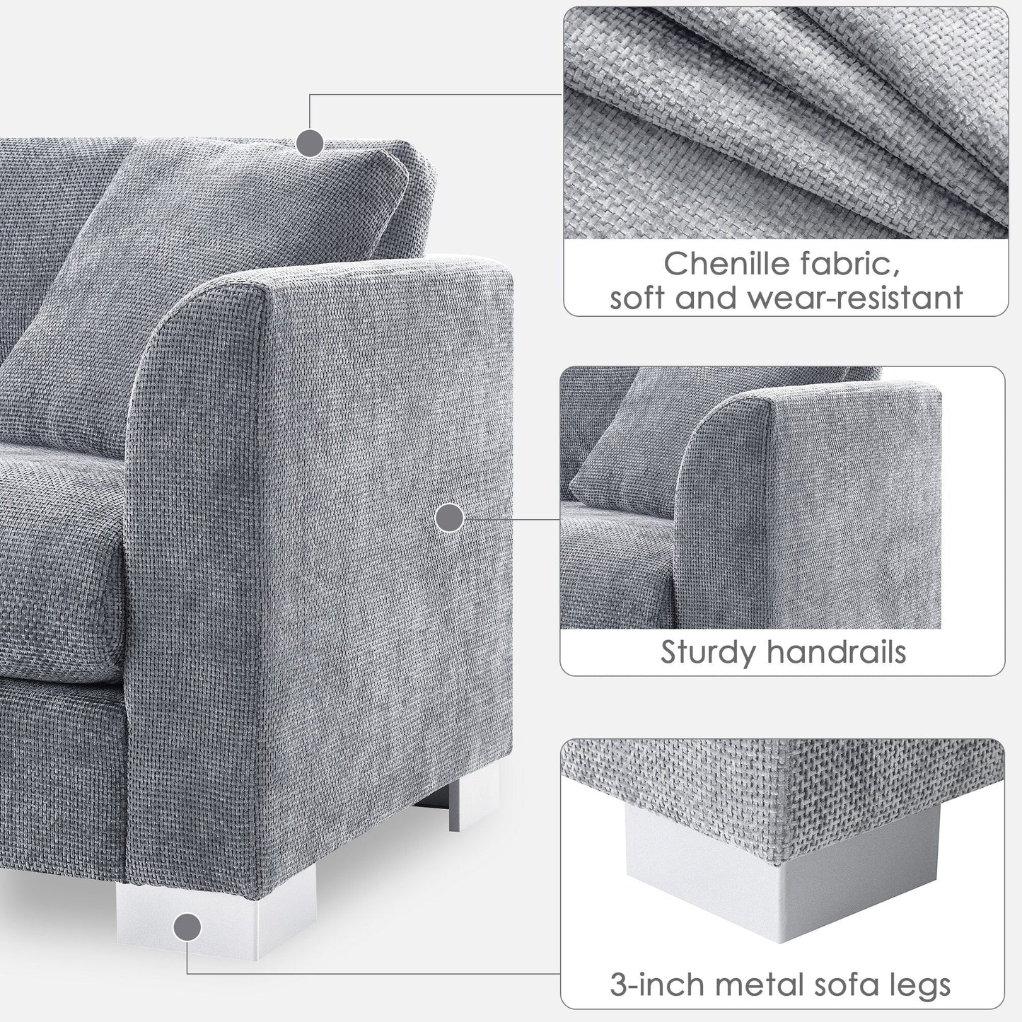 Cloud Sectional Sofa,L-Shaped Luxury Couch Set With 2 Free Pillows,4-Seat Chenille Indoor Furniture With Oversized Chaise