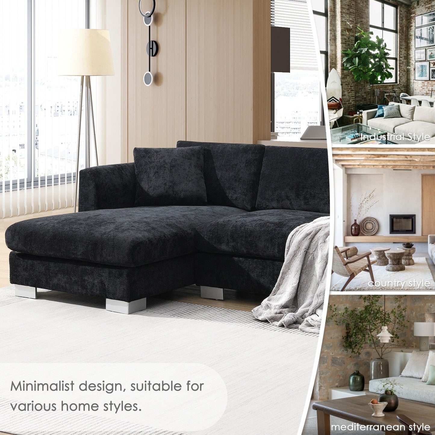 Cloud Sectional Sofa,L-Shaped Luxury Couch Set With 2 Free Pillows,4-Seat Chenille Indoor Furniture With Oversized Chaise