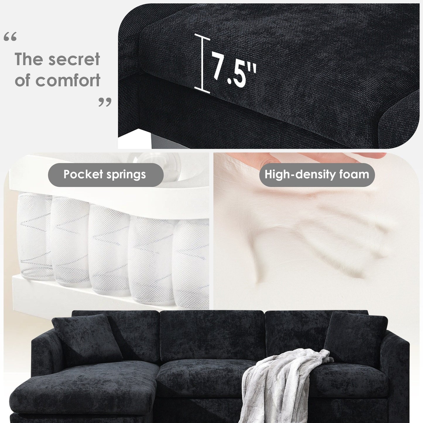 Cloud Sectional Sofa,L-Shaped Luxury Couch Set With 2 Free Pillows,4-Seat Chenille Indoor Furniture With Oversized Chaise