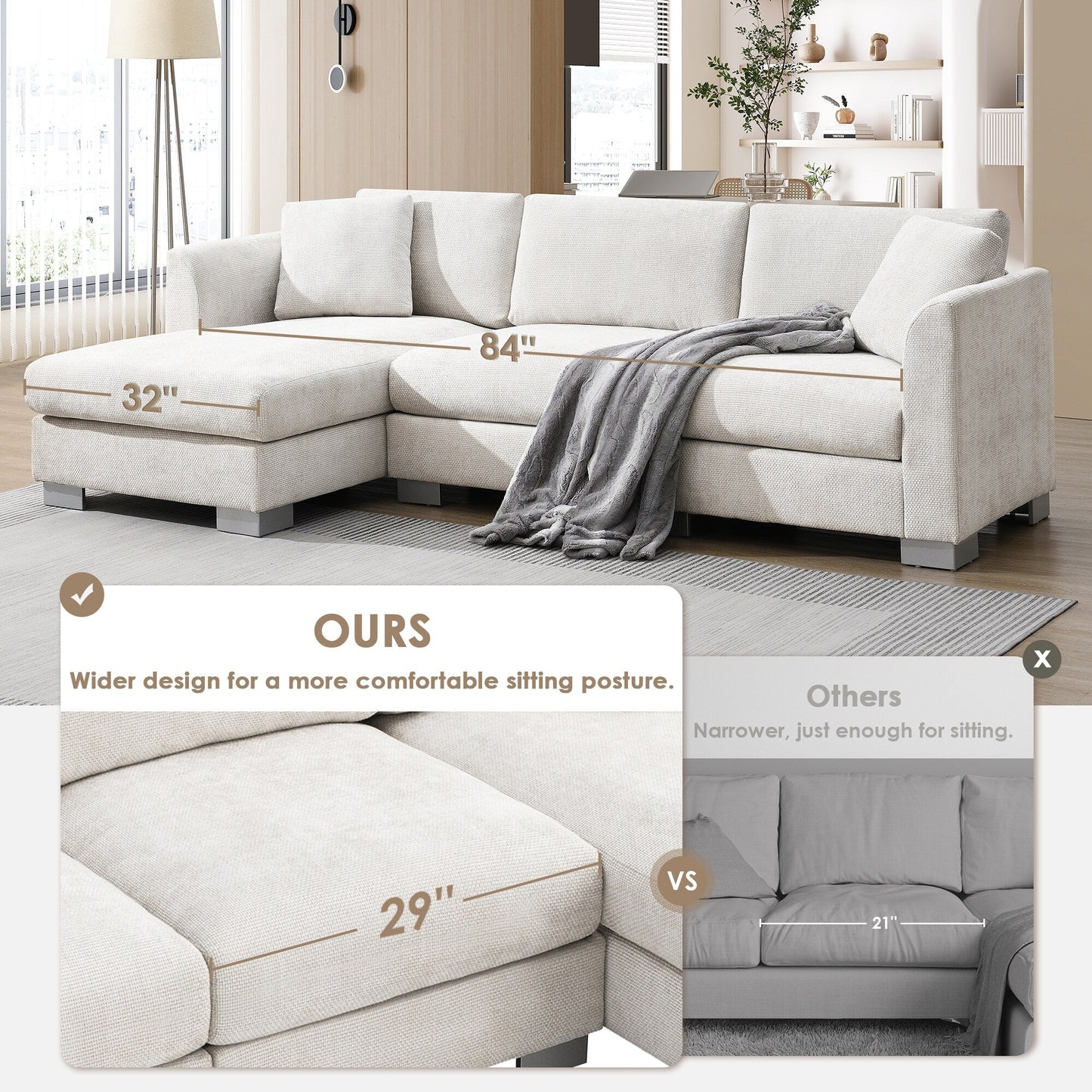 Cloud Sectional Sofa,L-Shaped Luxury Couch Set With 2 Free Pillows,4-Seat Chenille Indoor Furniture With Oversized Chaise