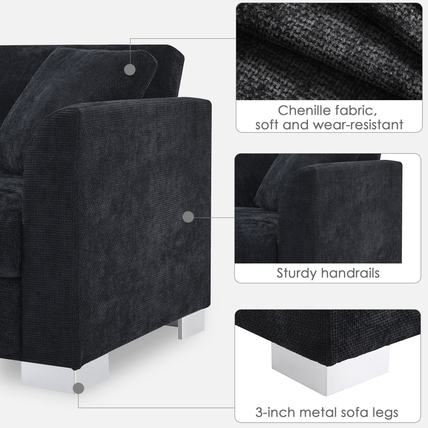 Cloud Sectional Sofa,L-Shaped Luxury Couch Set With 2 Free Pillows,4-Seat Chenille Indoor Furniture With Oversized Chaise