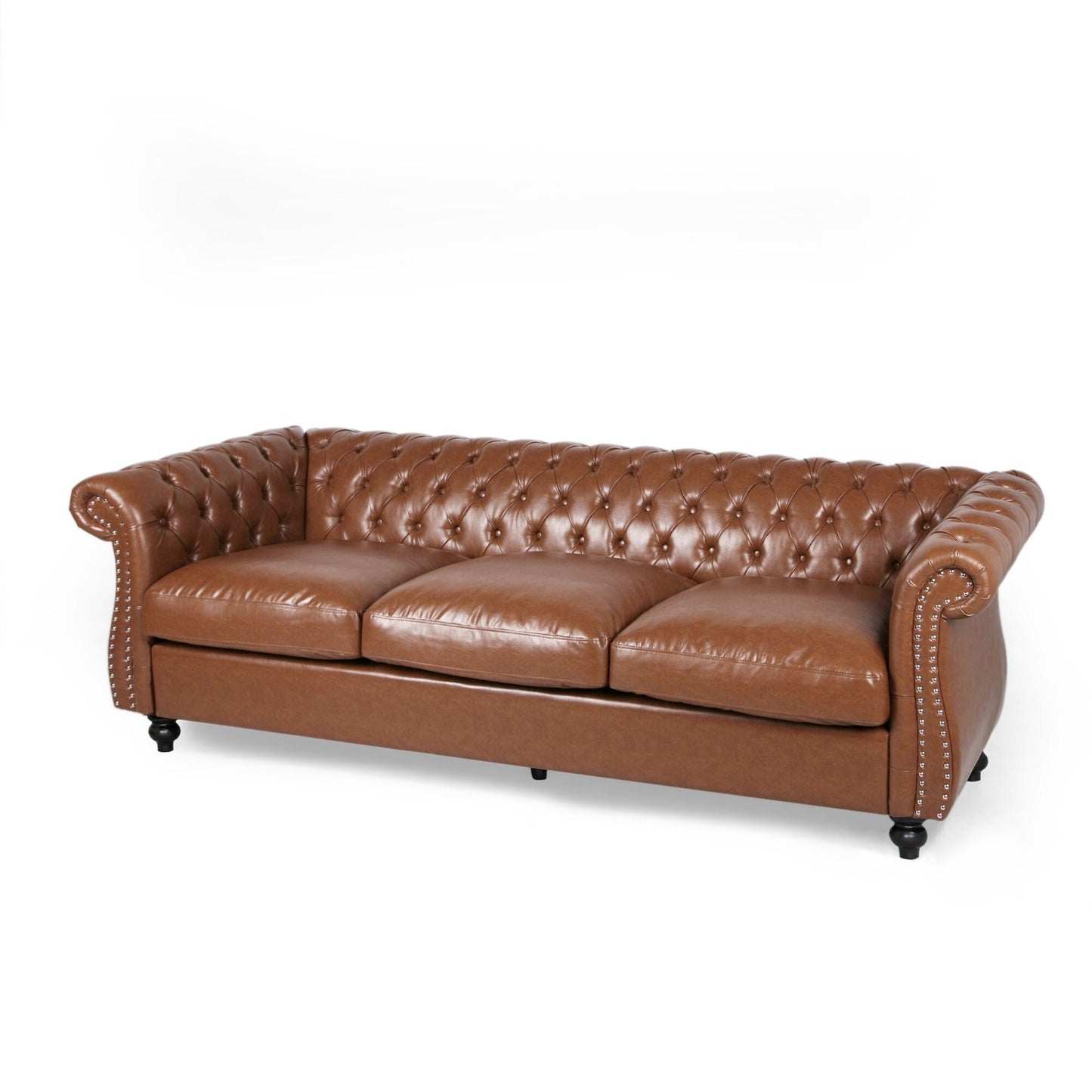 Cognac Chesterfield 84.75 Button Tufted Upholstered 3-seater Sofa with Nailheads and Wood Legs for Living Room