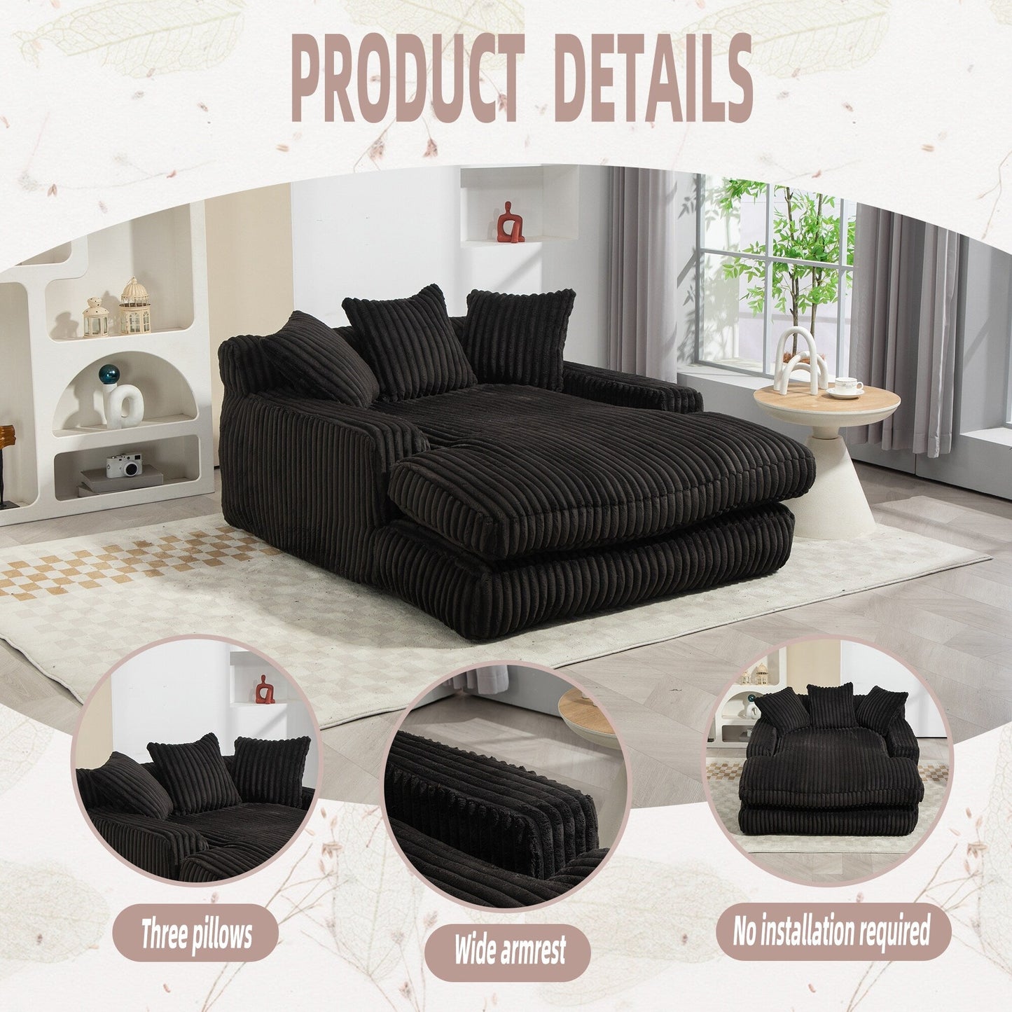 Corduroy Sleeper Sofa with High-Elastic Sponge Cushioning, No-Install Couch for Living Room