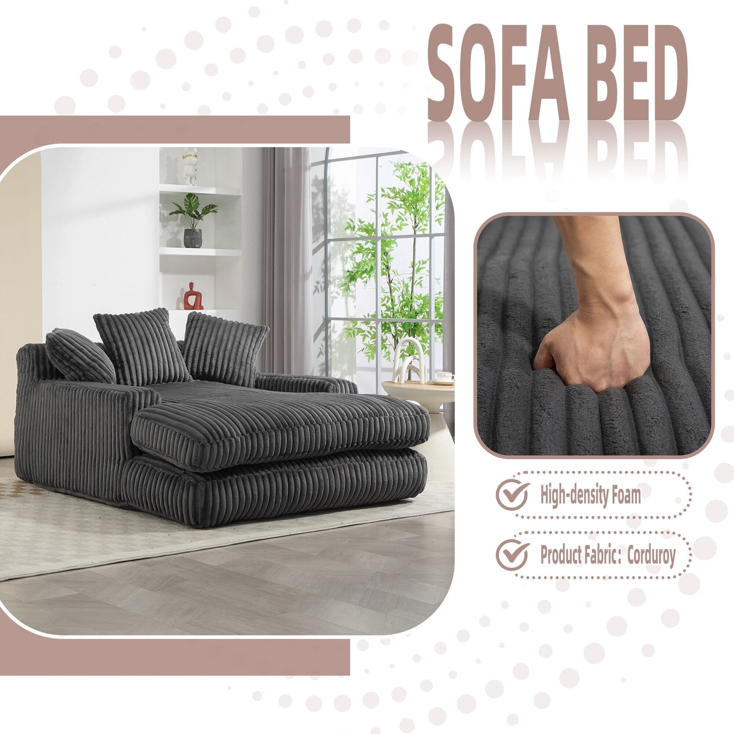 Corduroy Sleeper Sofa with High-Elastic Sponge Cushioning, No-Install Couch for Living Room