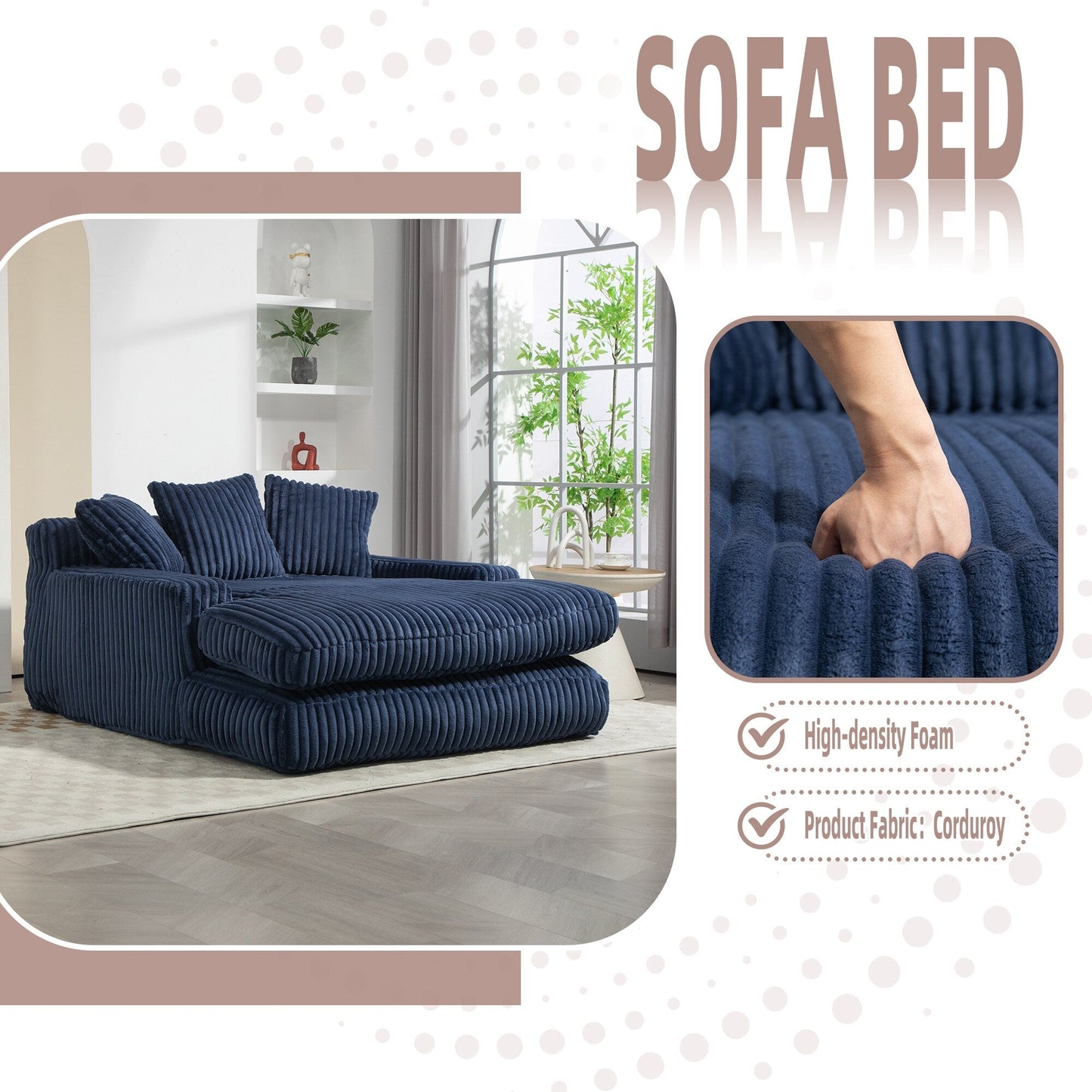 Corduroy Sleeper Sofa with High-Elastic Sponge Cushioning, No-Install Couch for Living Room