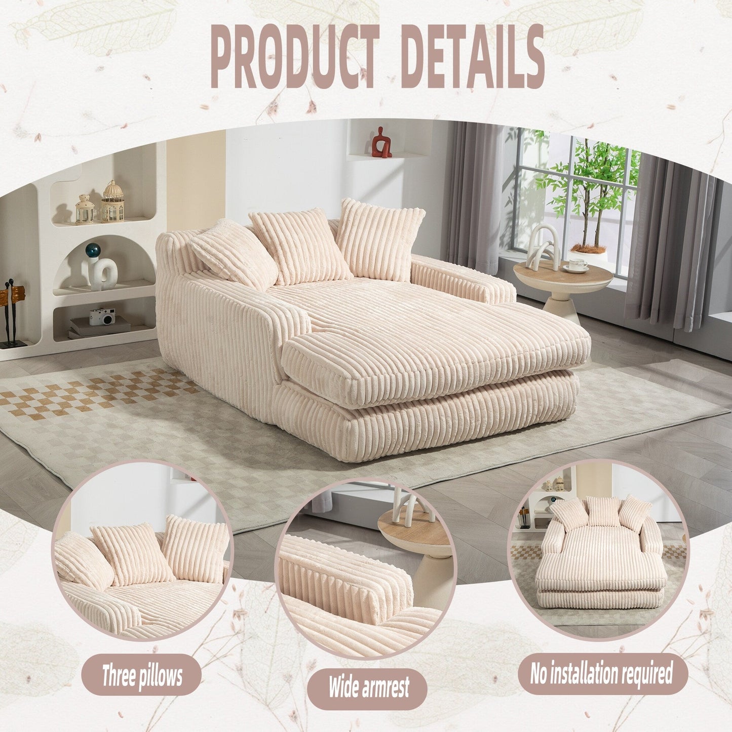 Corduroy Sleeper Sofa with High-Elastic Sponge Cushioning, No-Install Couch for Living Room