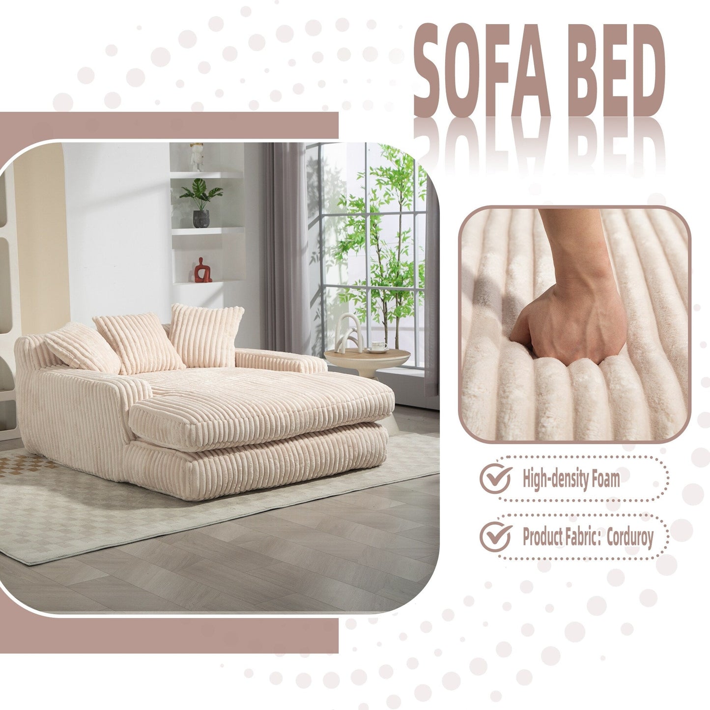 Corduroy Sleeper Sofa with High-Elastic Sponge Cushioning, No-Install Couch for Living Room