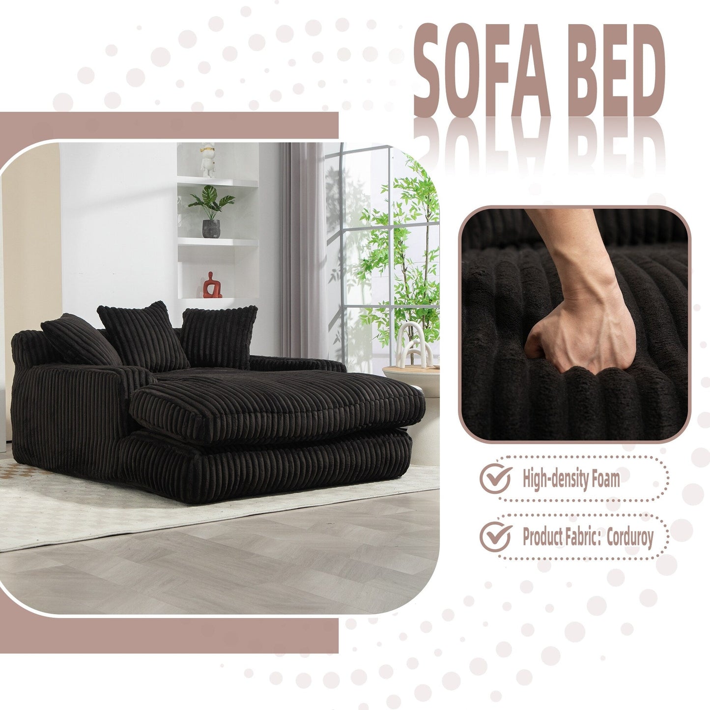Corduroy Sleeper Sofa with High-Elastic Sponge Cushioning, No-Install Couch for Living Room