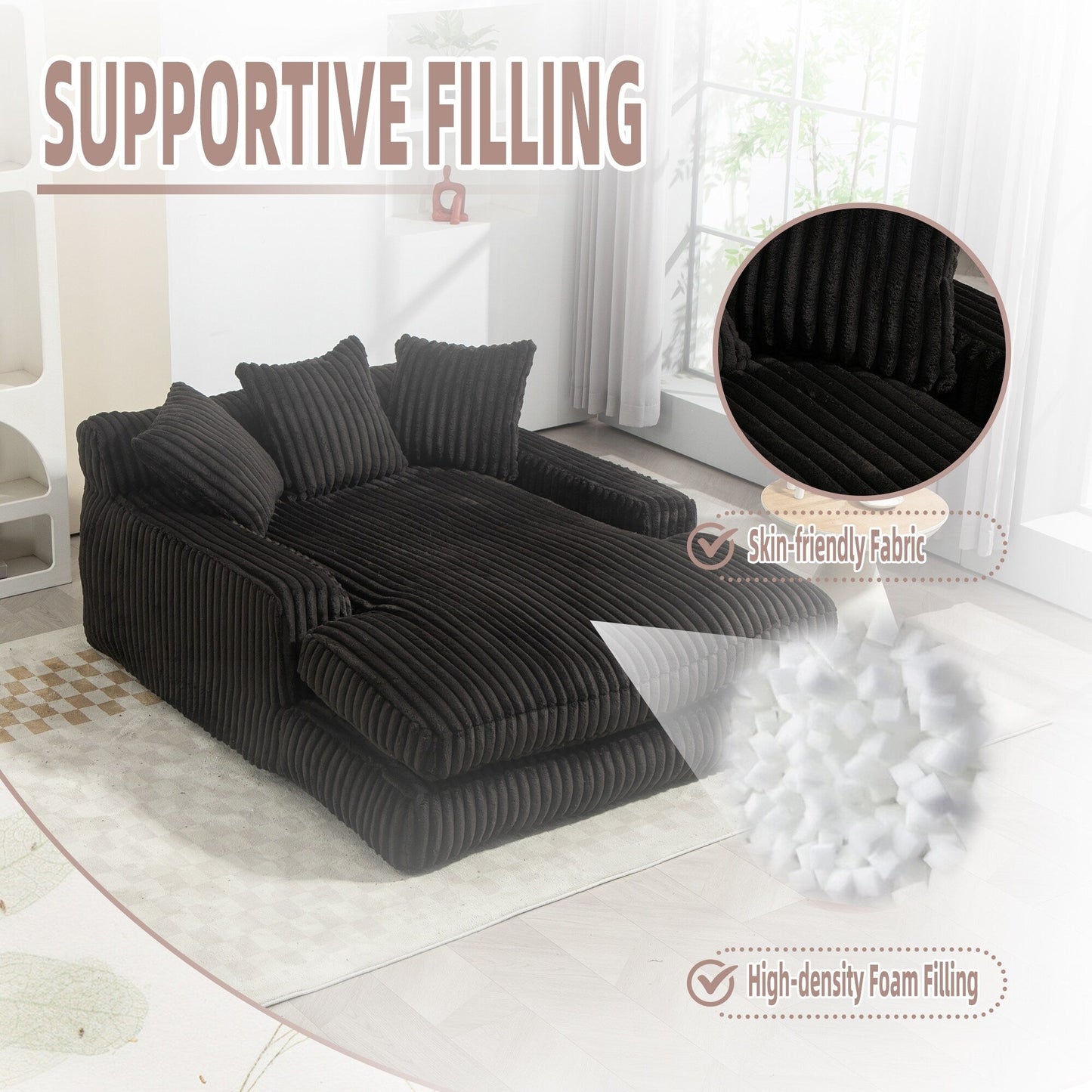 Corduroy Sleeper Sofa with High-Elastic Sponge Cushioning, No-Install Couch for Living Room