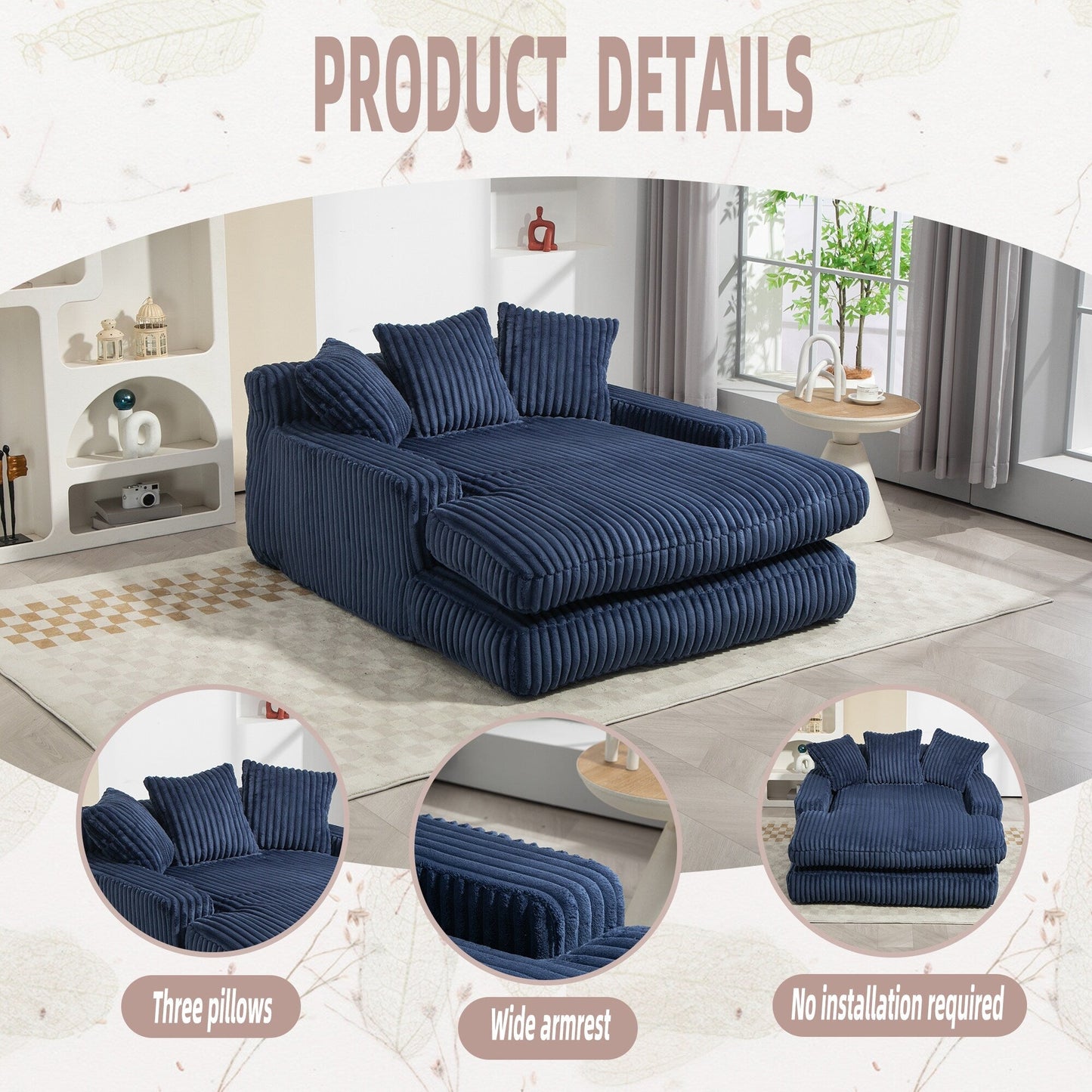 Corduroy Sleeper Sofa with High-Elastic Sponge Cushioning, No-Install Couch for Living Room