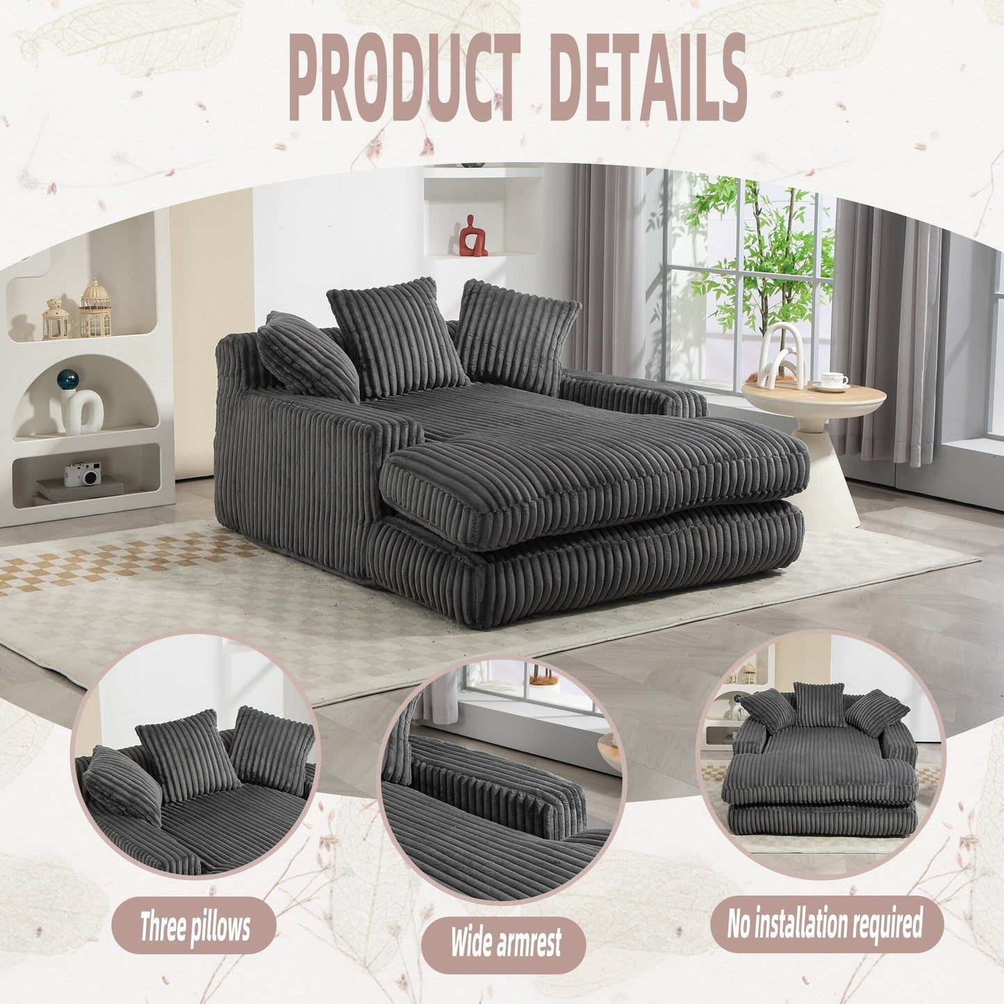 Corduroy Sleeper Sofa with High-Elastic Sponge Cushioning, No-Install Couch for Living Room
