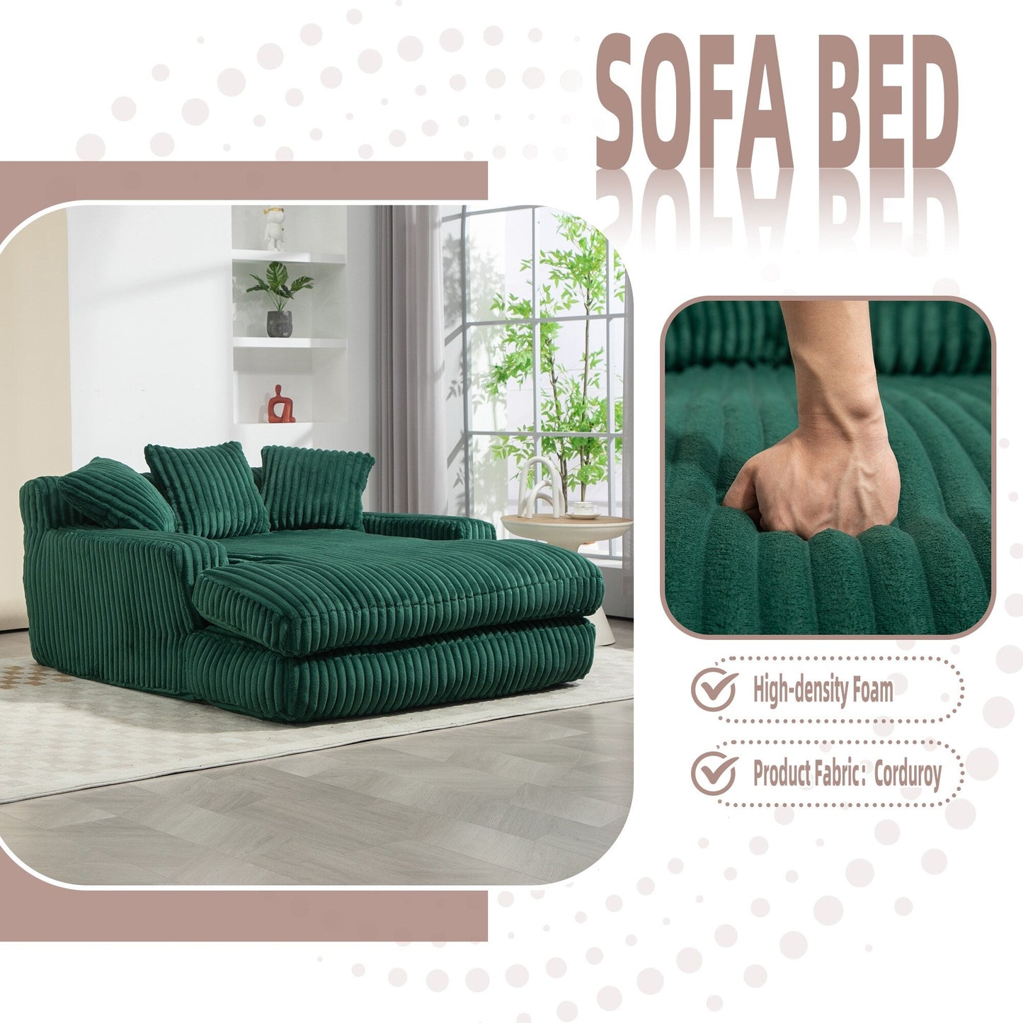 Corduroy Sleeper Sofa with High-Elastic Sponge Cushioning, No-Install Couch for Living Room
