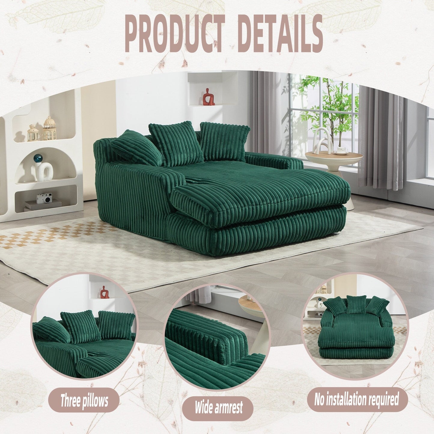 Corduroy Sleeper Sofa with High-Elastic Sponge Cushioning, No-Install Couch for Living Room