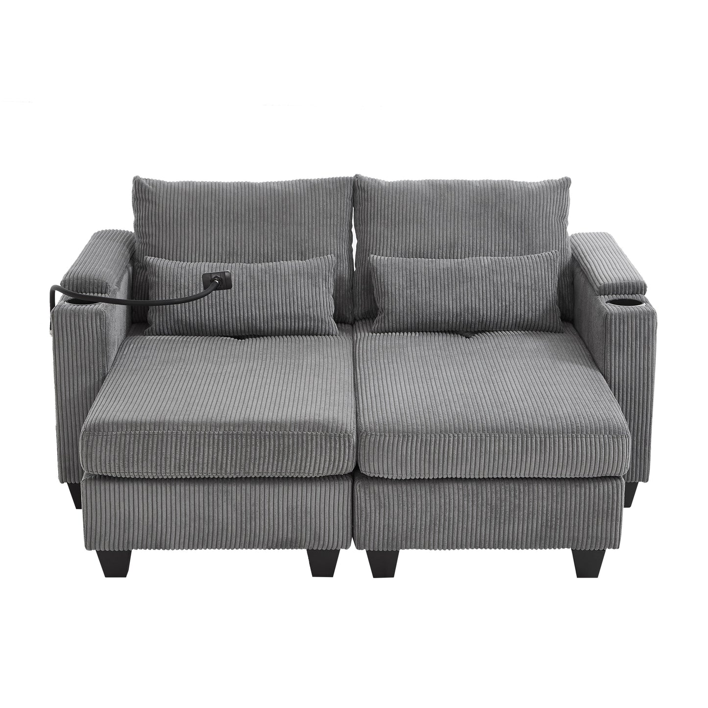 Convertible Chaise Lounge 63 Loveseat Sofa Sofa Bed Corduroy Sleeper Sofa with USB Ports, Two Cup Holders