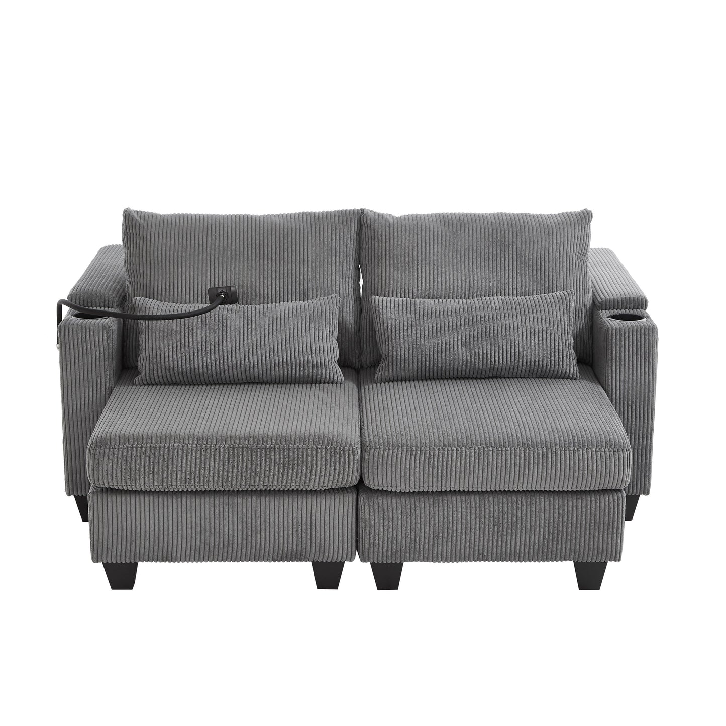 Convertible Chaise Lounge 63 Loveseat Sofa Sofa Bed Corduroy Sleeper Sofa with USB Ports, Two Cup Holders