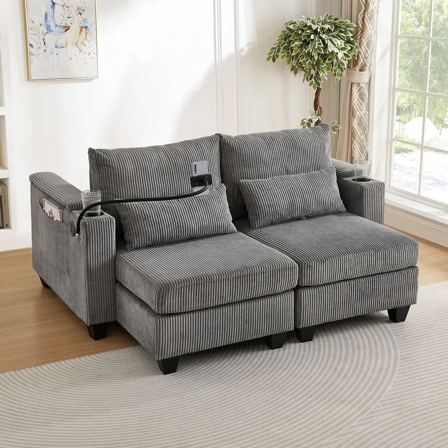 Convertible Chaise Lounge 63 Loveseat Sofa Sofa Bed Corduroy Sleeper Sofa with USB Ports, Two Cup Holders