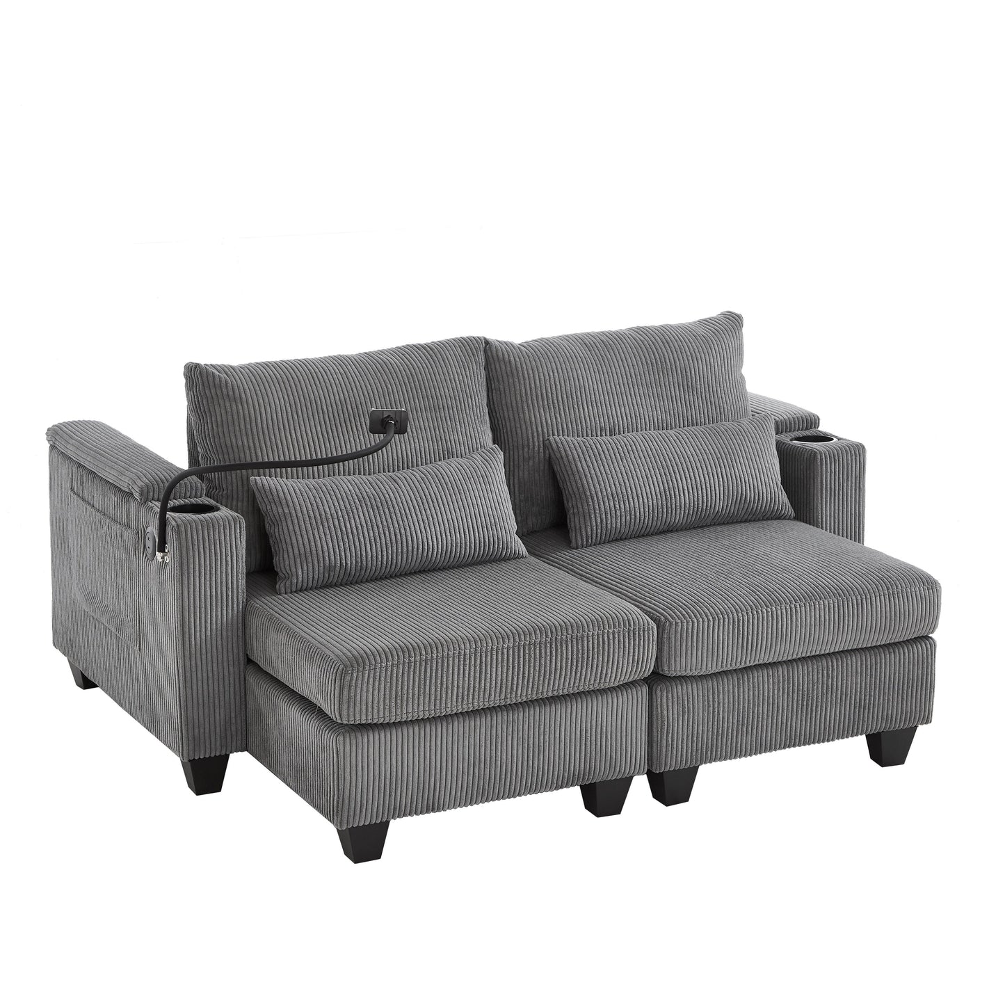 Convertible Chaise Lounge 63 Loveseat Sofa Sofa Bed Corduroy Sleeper Sofa with USB Ports, Two Cup Holders
