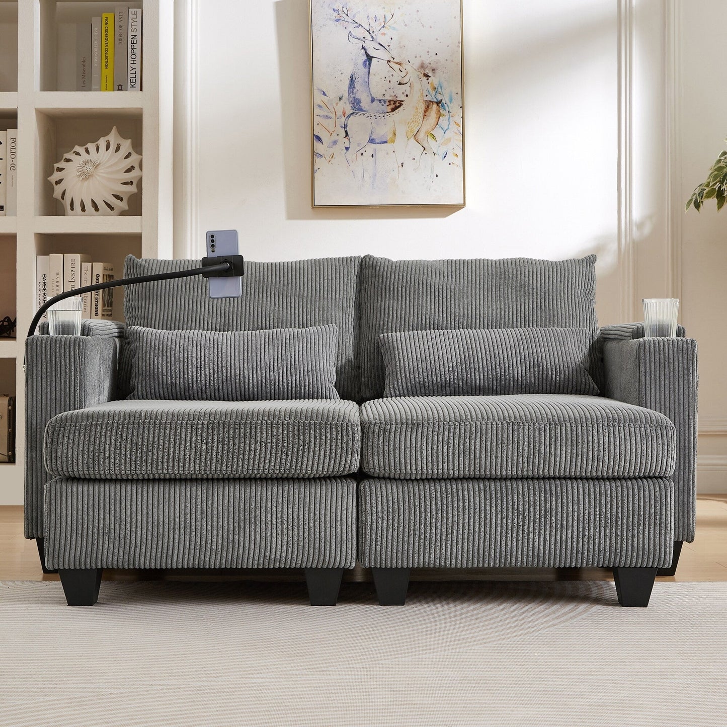 Convertible Chaise Lounge 63 Loveseat Sofa Sofa Bed Corduroy Sleeper Sofa with USB Ports, Two Cup Holders