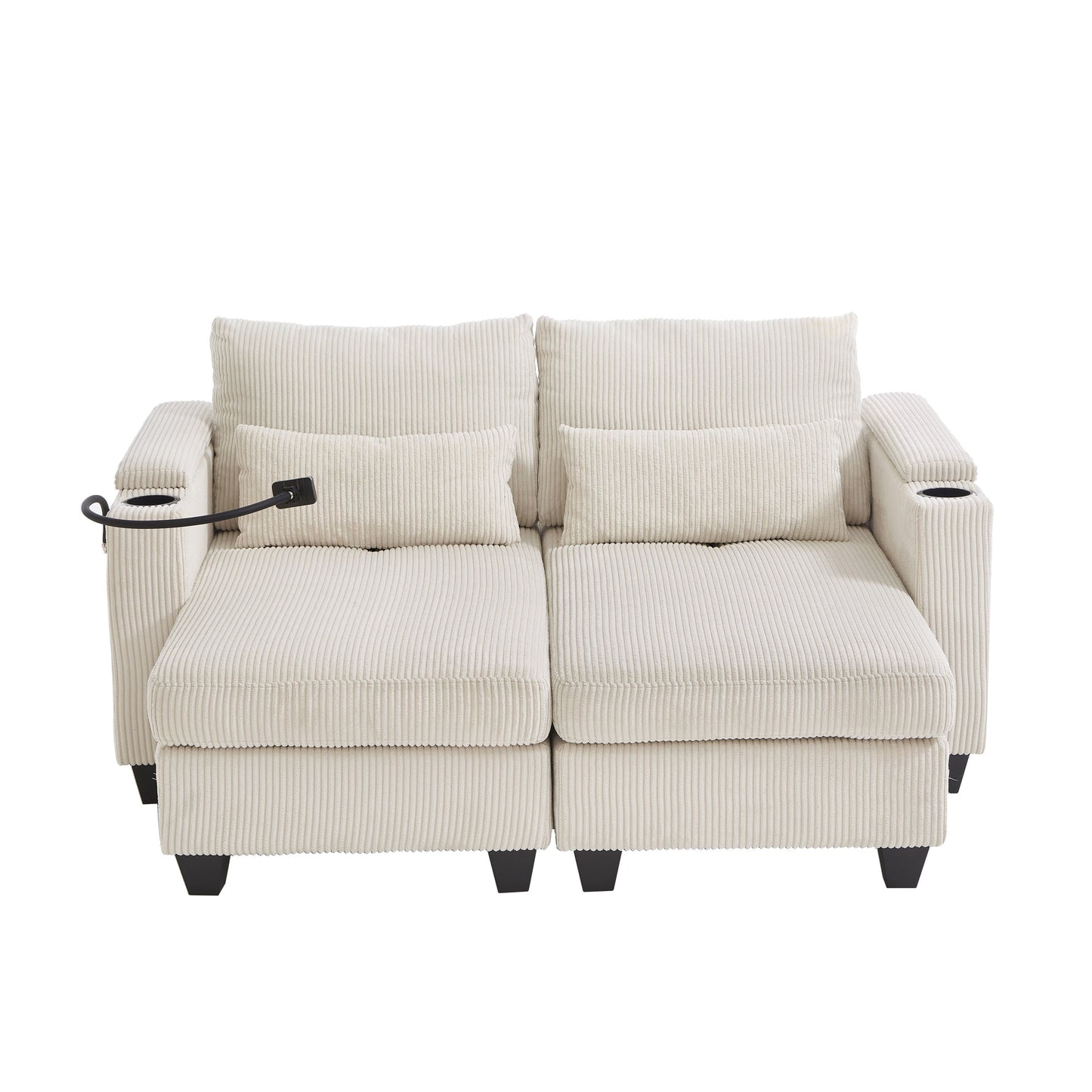 Convertible Chaise Lounge 63 Loveseat Sofa Sofa Bed Corduroy Sleeper Sofa with USB Ports, Two Cup Holders