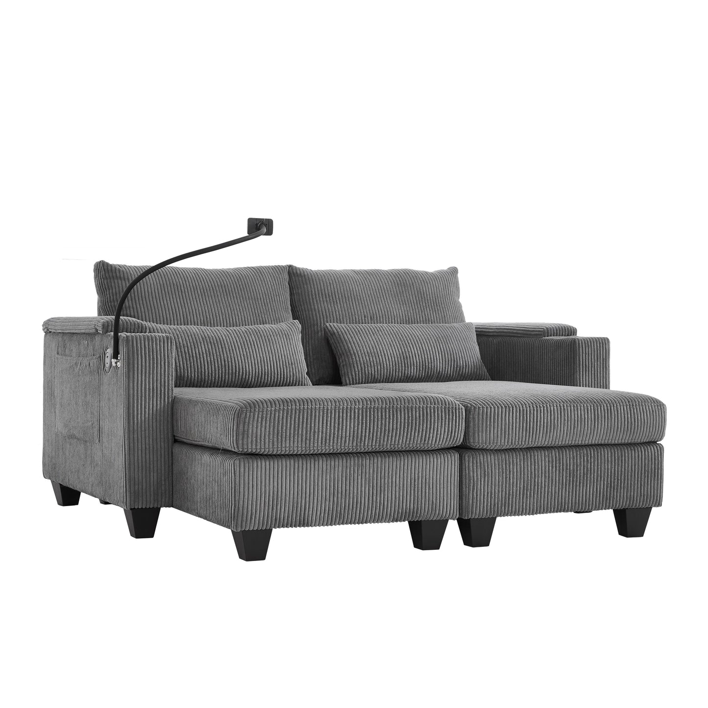 Convertible Chaise Lounge 63 Loveseat Sofa Sofa Bed Corduroy Sleeper Sofa with USB Ports, Two Cup Holders