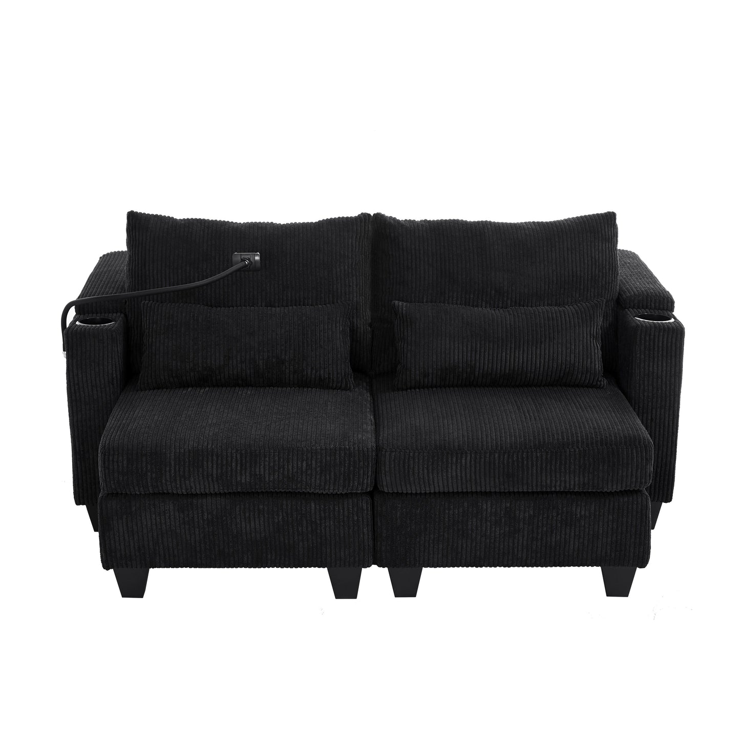 Convertible Chaise Lounge 63 Loveseat Sofa Sofa Bed Corduroy Sleeper Sofa with USB Ports, Two Cup Holders
