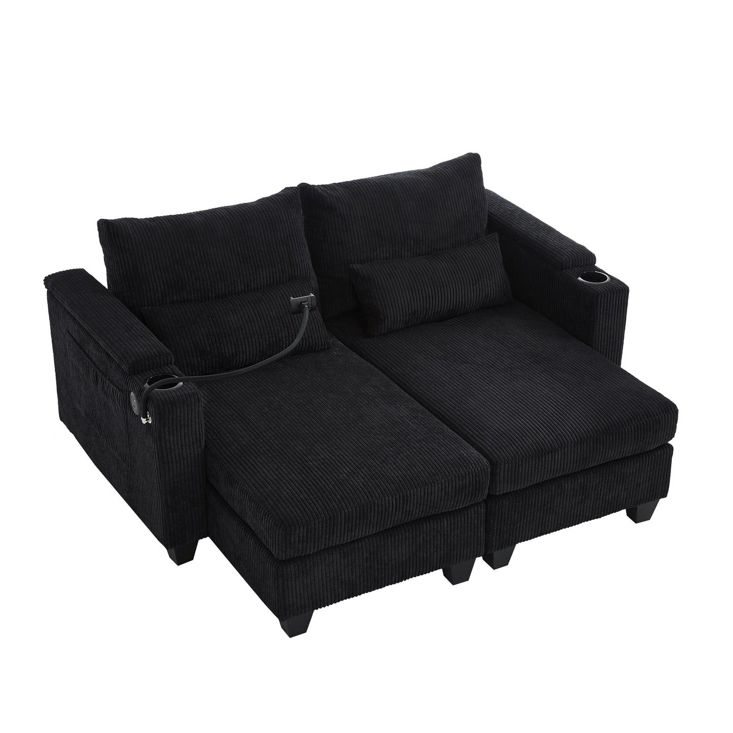 Convertible Chaise Lounge 63 Loveseat Sofa Sofa Bed Corduroy Sleeper Sofa with USB Ports, Two Cup Holders