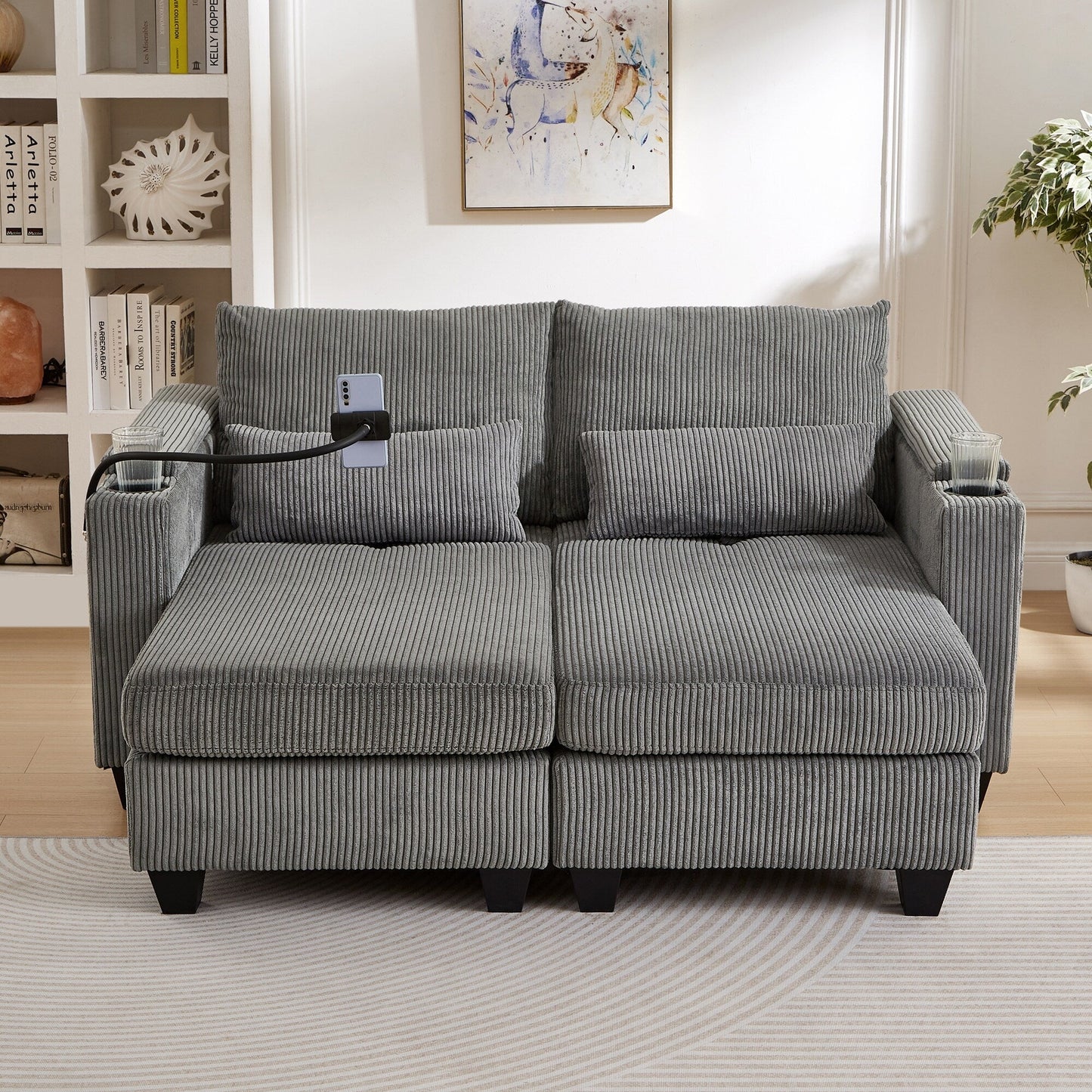 Convertible Chaise Lounge 63 Loveseat Sofa Sofa Bed Corduroy Sleeper Sofa with USB Ports, Two Cup Holders