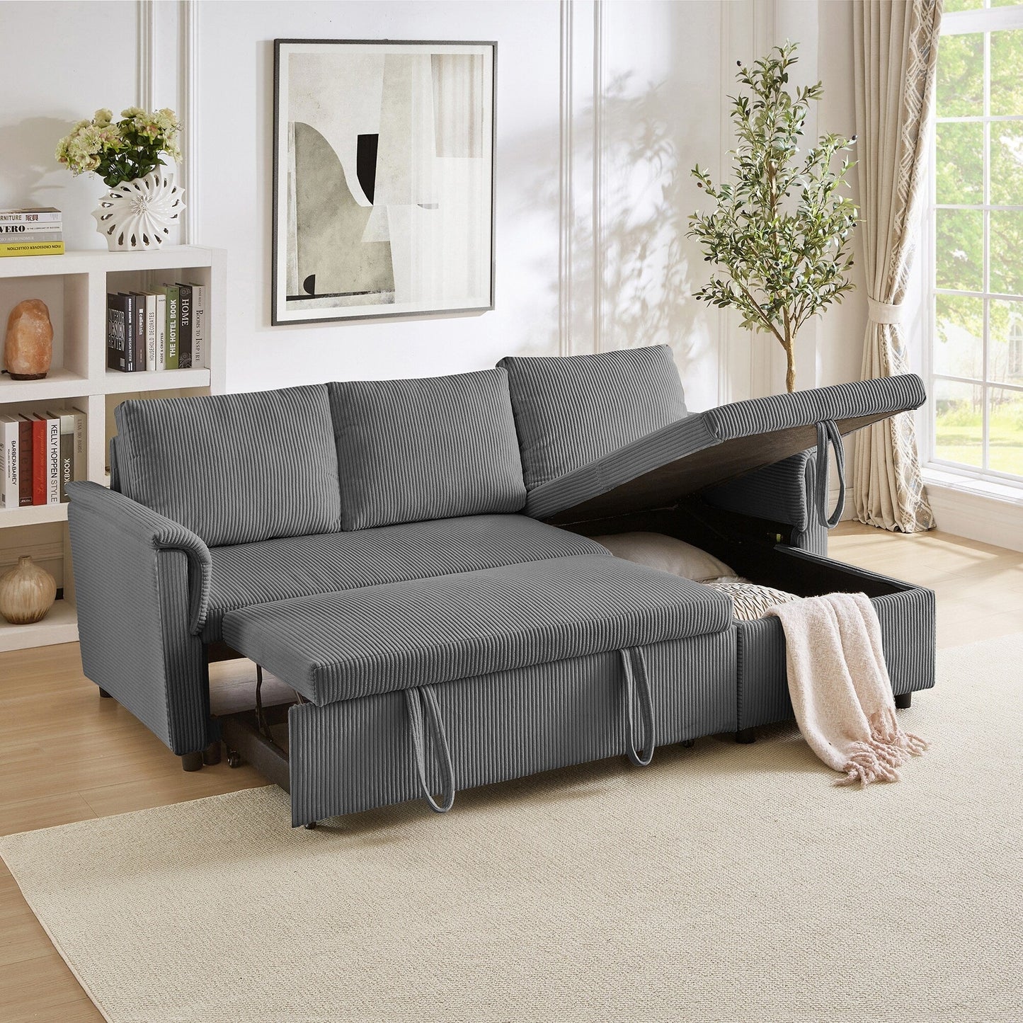Convertible Corduroy Modular Loveseat Pull-Out Sleeper with Storage Chaise and Reclining Backrest for Living Room
