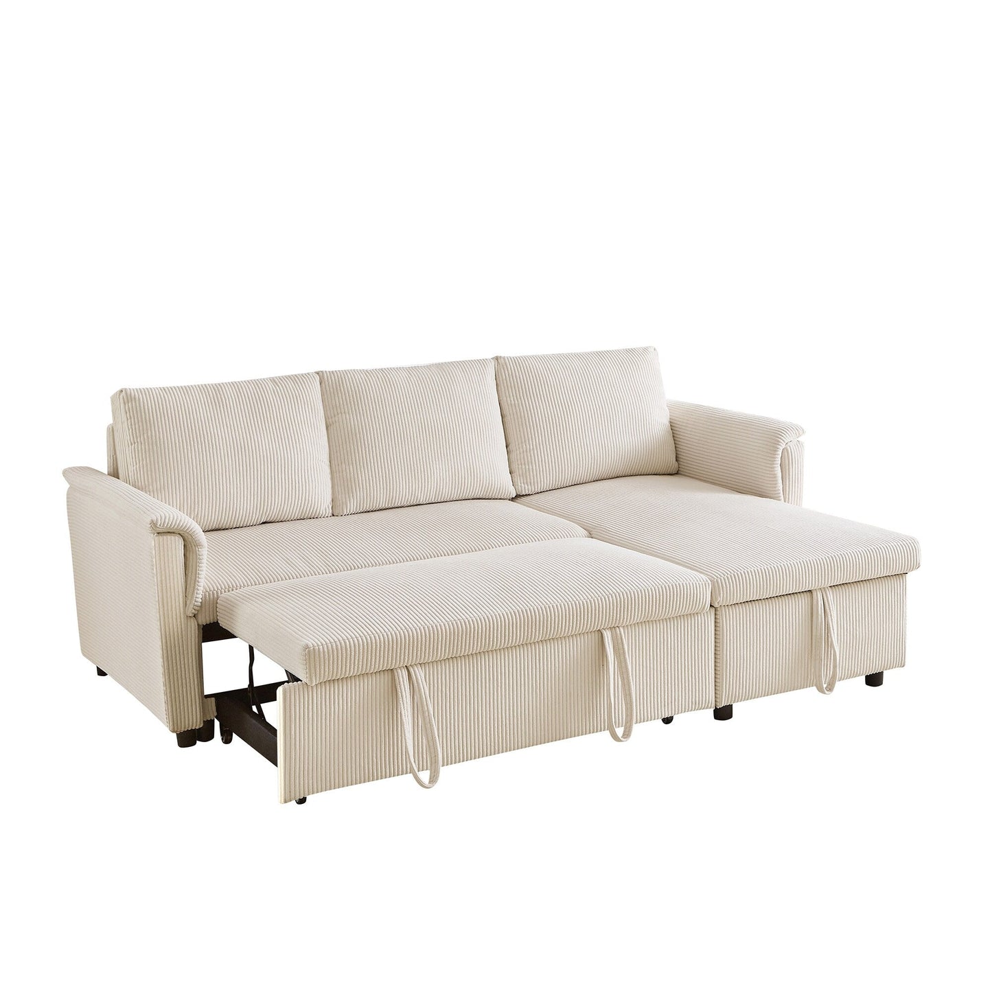 Convertible Corduroy Modular Loveseat Pull-Out Sleeper with Storage Chaise and Reclining Backrest for Living Room